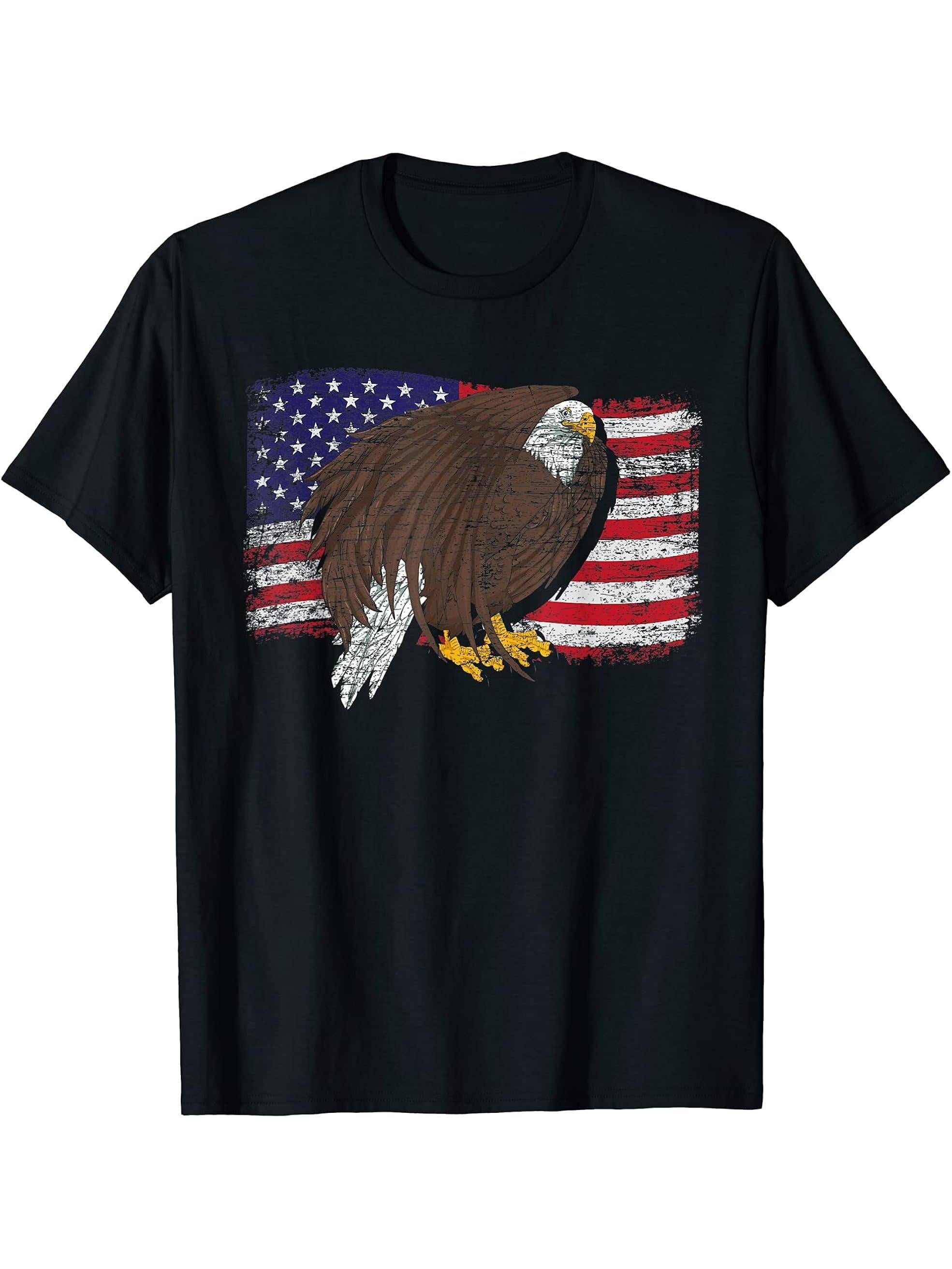 Freedom Pride US Flag Liberty Proud American Bald Eagle T-Shirt 180G 100% Cotton Printed Round Neck Short-Sleeve T-Shirt, Gifts for Men Dad Husband Grandpa, S-XXXL, Black
