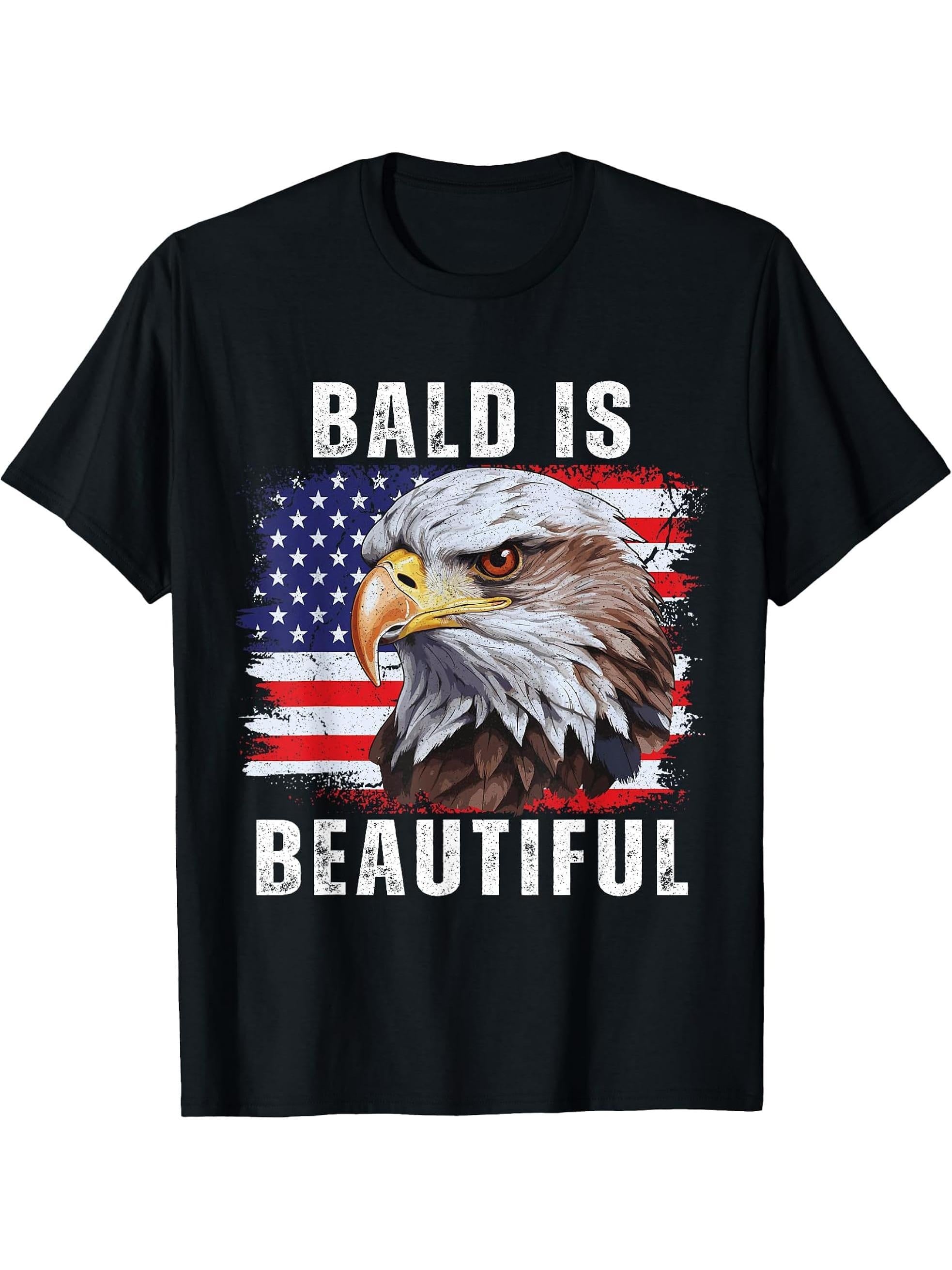 Bald is Beautiful American Bald Eagle 4th of July Vintage T-Shirt 180G 100% Cotton Printed Round Neck Short-Sleeve T-Shirt, Gifts for Men Dad Husband Grandpa, S-XXXL, Black