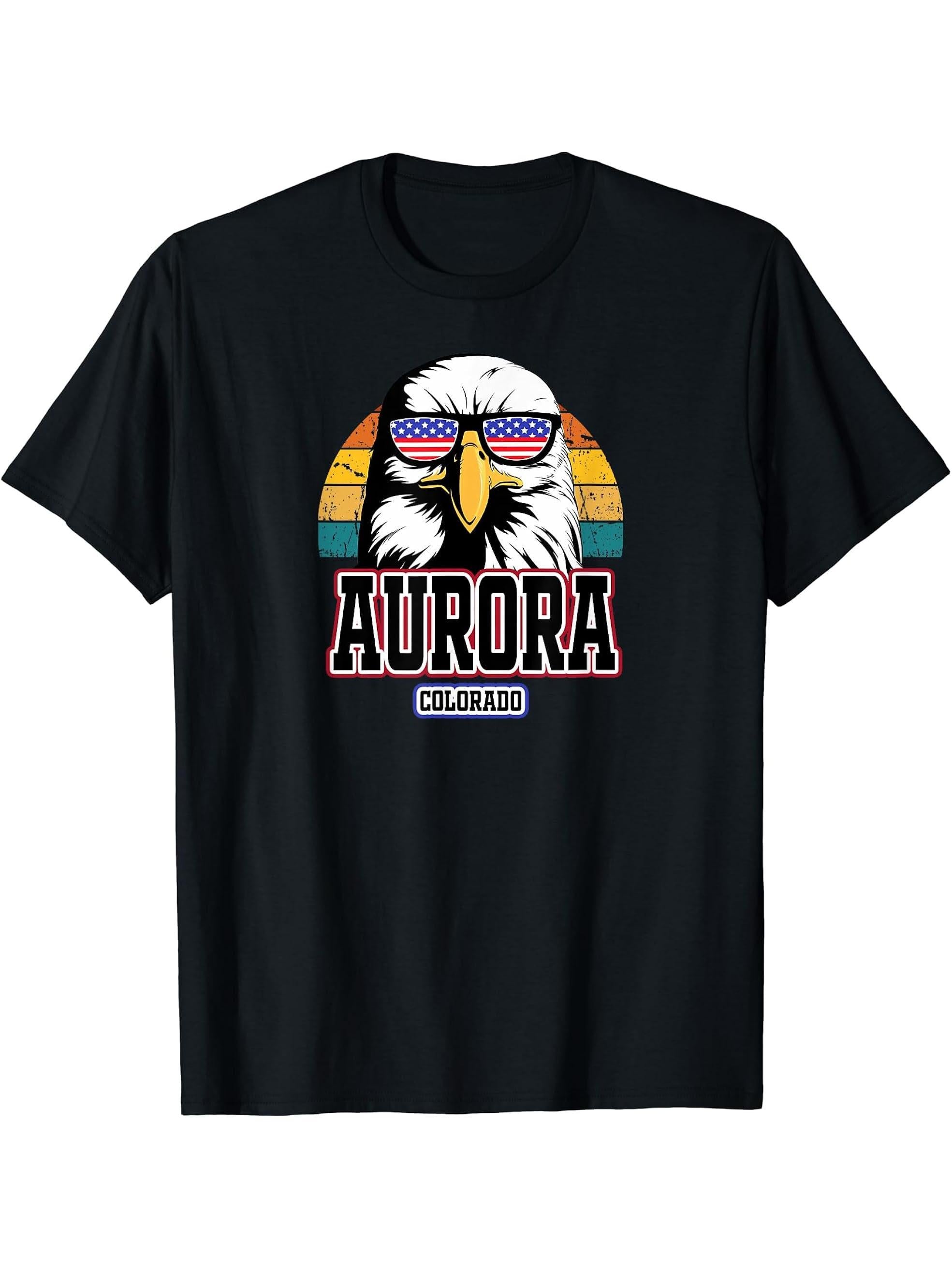 Aurora Colorado Bald Eagle USA America 4th of July Veterans T-Shirt 180G 100% Cotton Printed Round Neck Short-Sleeve T-Shirt, Gifts for Men Dad Husband Grandpa, S-XXXL, Black