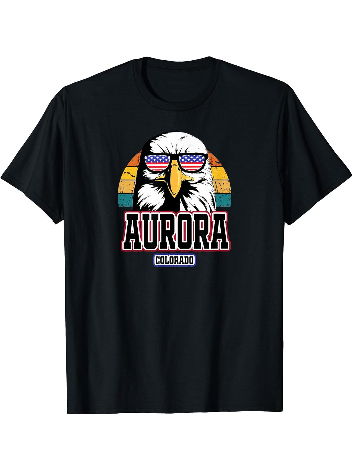 Aurora Colorado Bald Eagle USA America 4th of July Veterans T-Shirt 180G 100% Cotton Printed Round Neck Short-Sleeve T-Shirt, Gifts for Men Dad Husband Grandpa, S-XXXL, Black