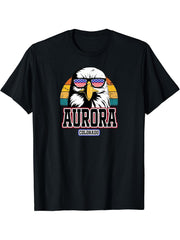 Aurora Colorado Bald Eagle USA America 4th of July Veterans T-Shirt 180G 100% Cotton Printed Round Neck Short-Sleeve T-Shirt, Gifts for Men Dad Husband Grandpa, S-XXXL, Black