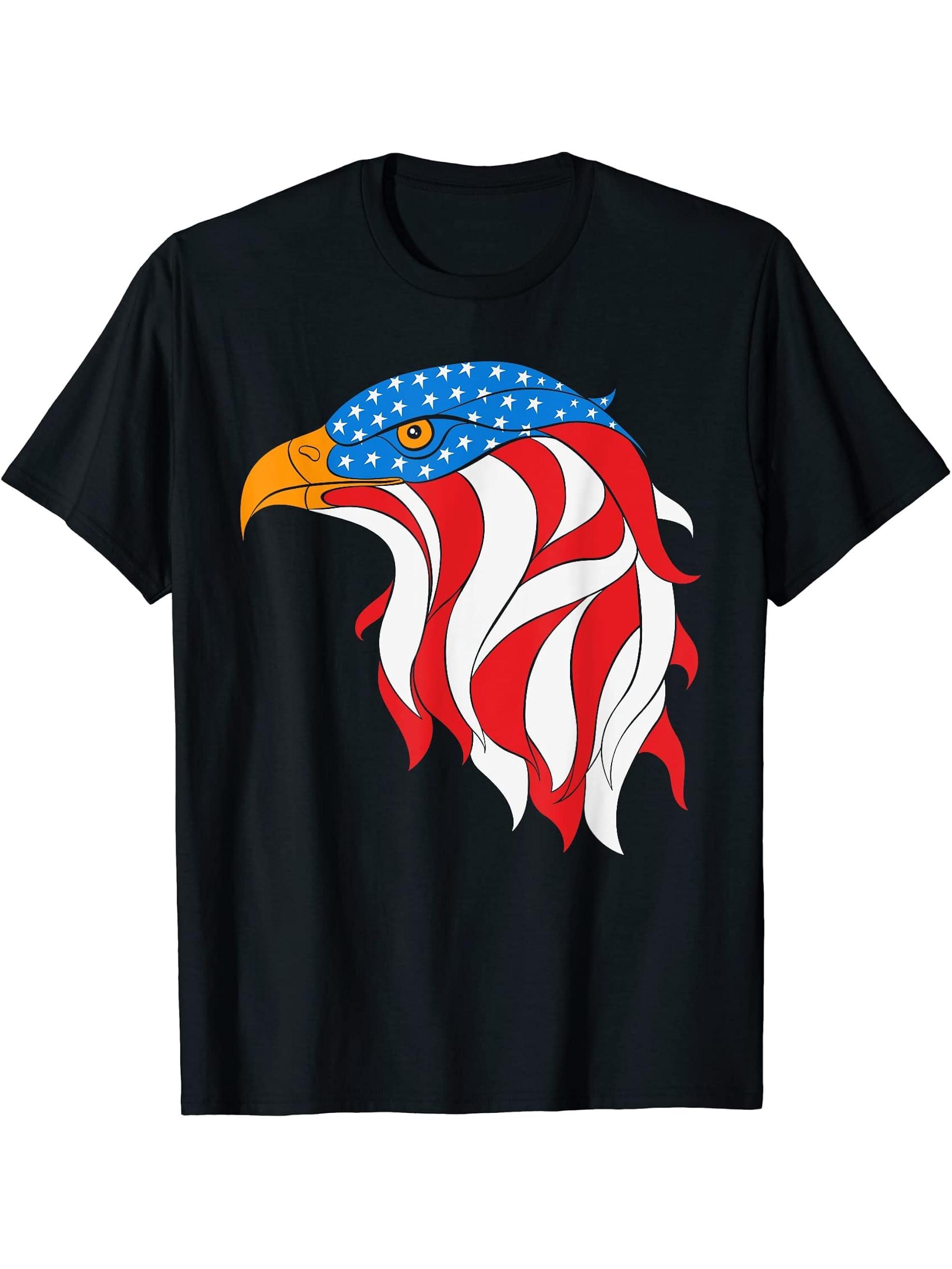 American Flag Bald Eagle, July 4th T-Shirt 180G 100% Cotton Printed Round Neck Short-Sleeve T-Shirt, Gifts for Men Dad Husband Grandpa, S-XXXL, Black