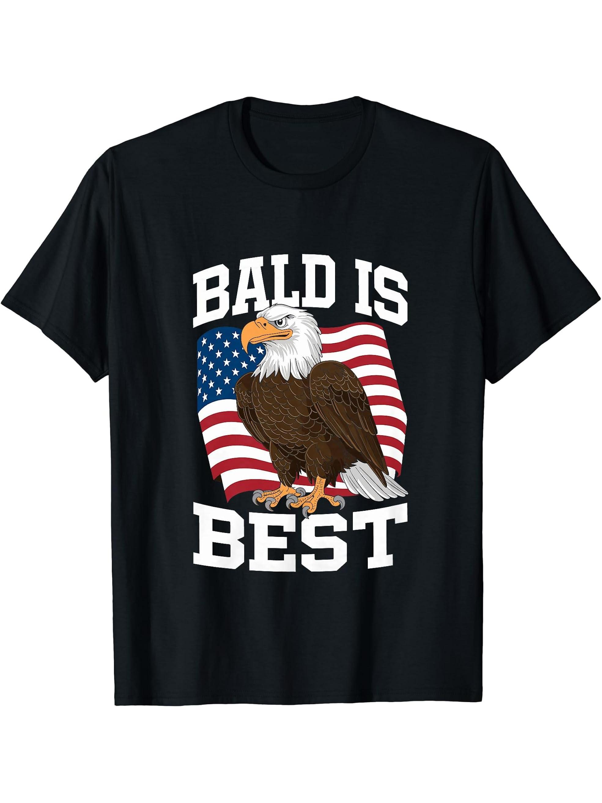 Bald Is Best American Bald Eagle USA Flag Funny 4th of July T-Shirt 180G 100% Cotton Printed Round Neck Short-Sleeve T-Shirt, Gifts for Men Dad Husband Grandpa, S-XXXL, Black