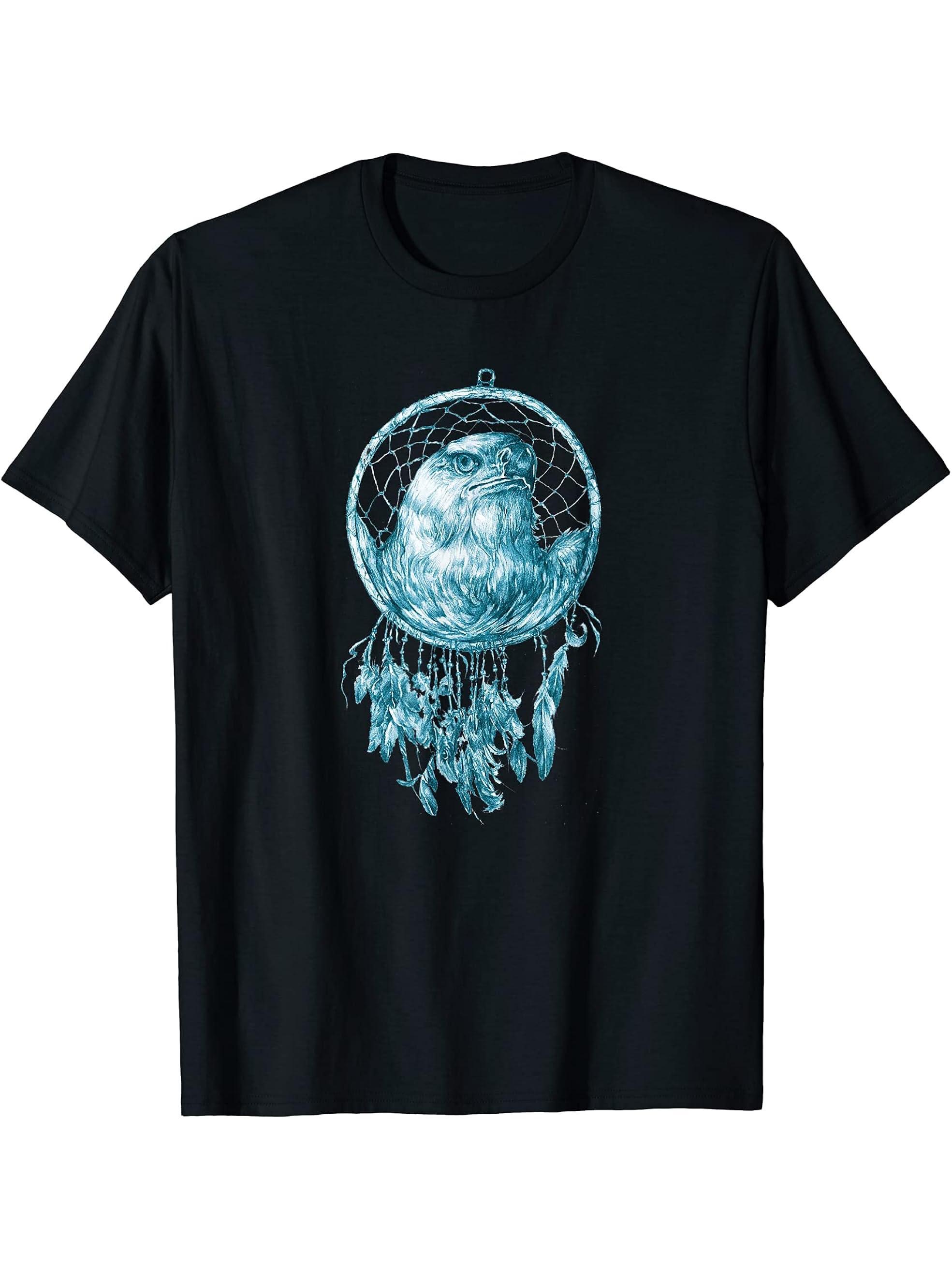 Hand Drawn Dream Catcher and Bald Eagle Boho Design T-Shirt 180G 100% Cotton Printed Round Neck Short-Sleeve T-Shirt, Gifts for Men Dad Husband Grandpa, S-XXXL, Black
