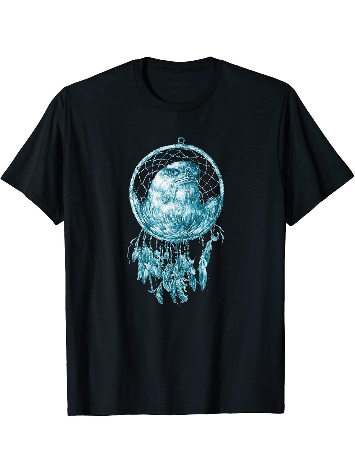 Hand Drawn Dream Catcher and Bald Eagle Boho Design T-Shirt 180G 100% Cotton Printed Round Neck Short-Sleeve T-Shirt, Gifts for Men Dad Husband Grandpa, S-XXXL, Black