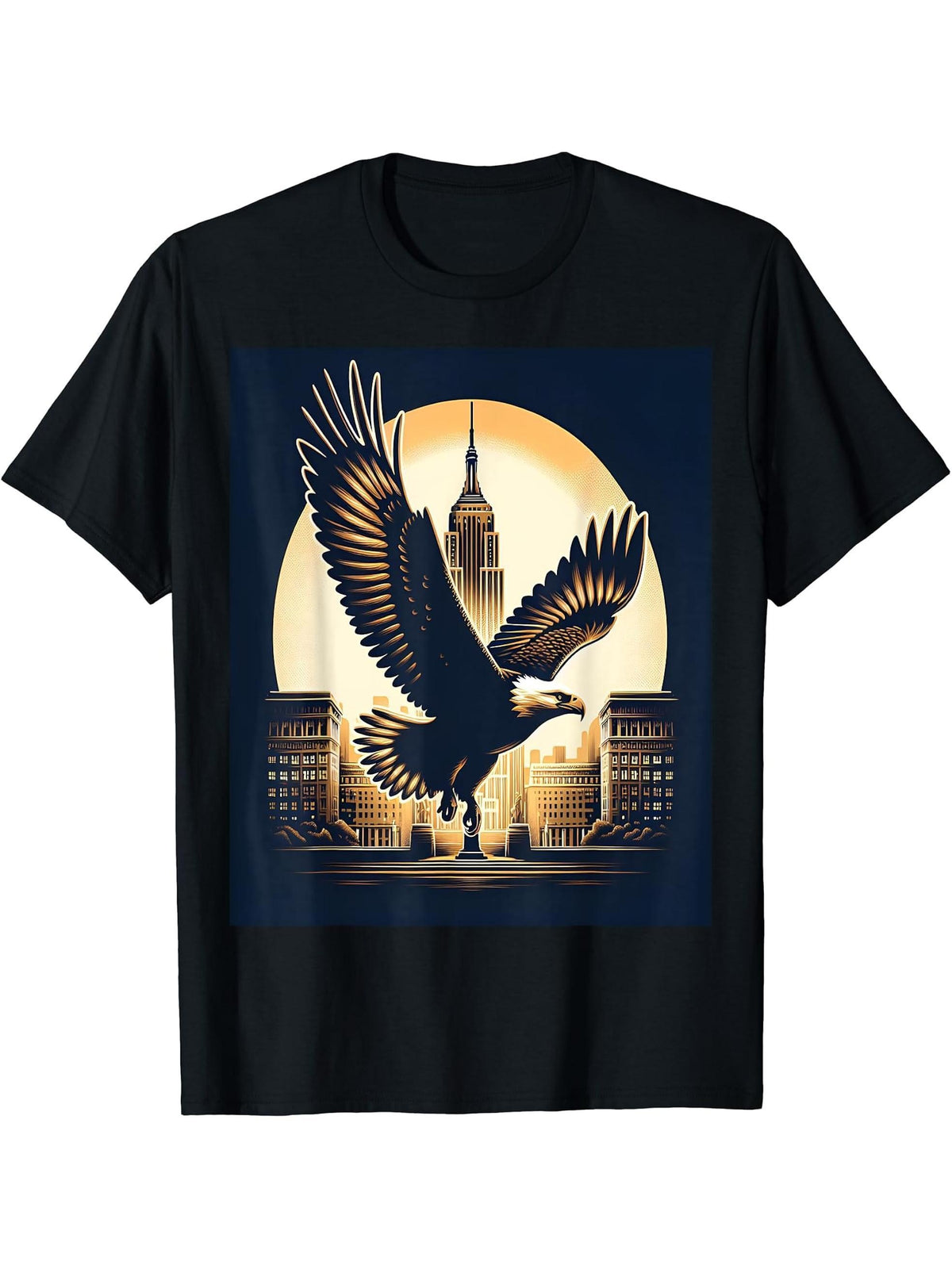 Bald Eagle Over American Landmark T-Shirt 180G 100% Cotton Printed Round Neck Short-Sleeve T-Shirt, Gifts for Men Dad Husband Grandpa, S-XXXL, Black