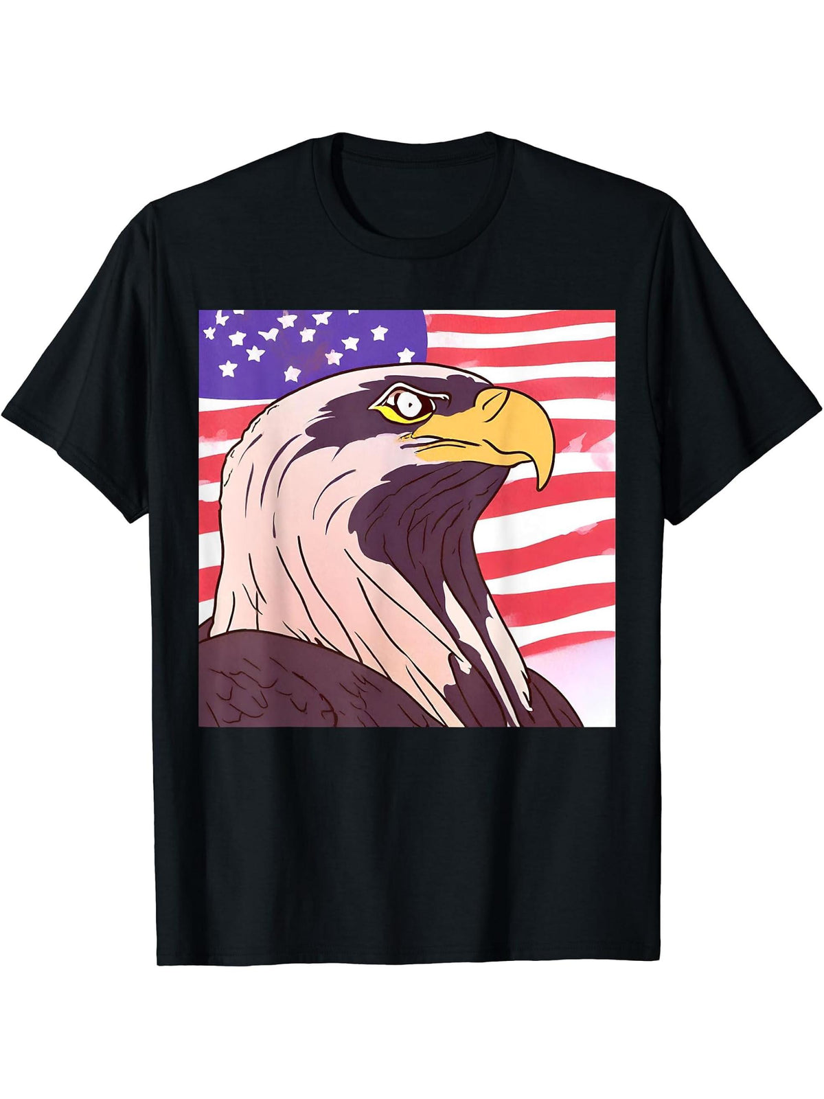 American Bald Eagle With The USA Flag T-Shirt 180G 100% Cotton Printed Round Neck Short-Sleeve T-Shirt, Gifts for Men Dad Husband Grandpa, S-XXXL, Black