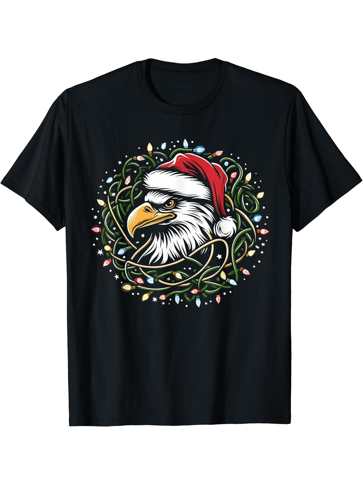 Bald Eagle Christmas Santa Hat Christmas Lights Men Women T-Shirt 180G 100% Cotton Printed Round Neck Short-Sleeve T-Shirt, Gifts for Men Dad Husband Grandpa, S-XXXL, Black