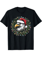 Bald Eagle Christmas Santa Hat Christmas Lights Men Women T-Shirt 180G 100% Cotton Printed Round Neck Short-Sleeve T-Shirt, Gifts for Men Dad Husband Grandpa, S-XXXL, Black