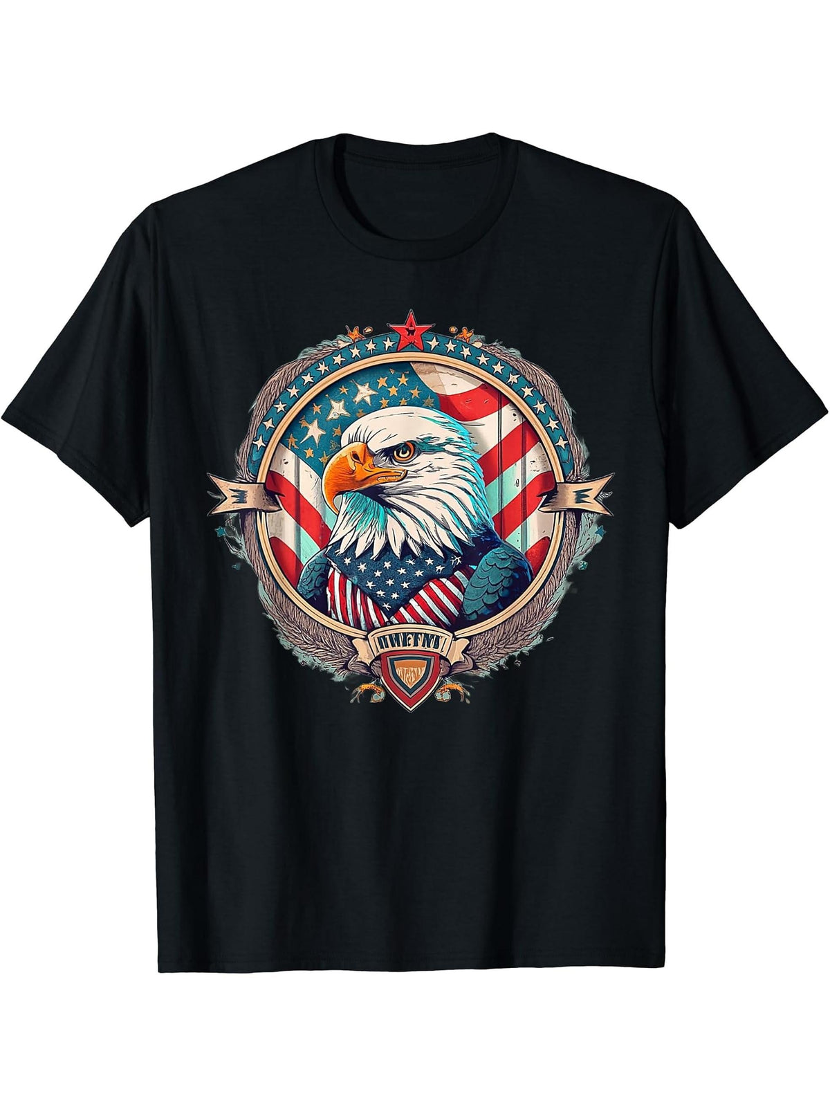 American Patriot Freedom Bald Eagle USA Flag T-Shirt 180G 100% Cotton Printed Round Neck Short-Sleeve T-Shirt, Gifts for Men Dad Husband Grandpa, S-XXXL, Black