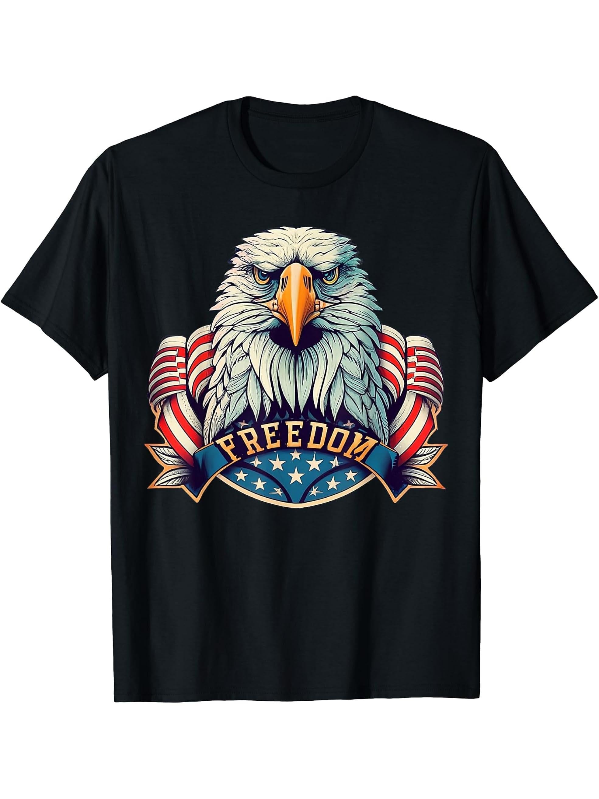 American Patriot Freedom Bald Eagle USA Flag T-Shirt 180G 100% Cotton Printed Round Neck Short-Sleeve T-Shirt, Gifts for Men Dad Husband Grandpa, S-XXXL, Black
