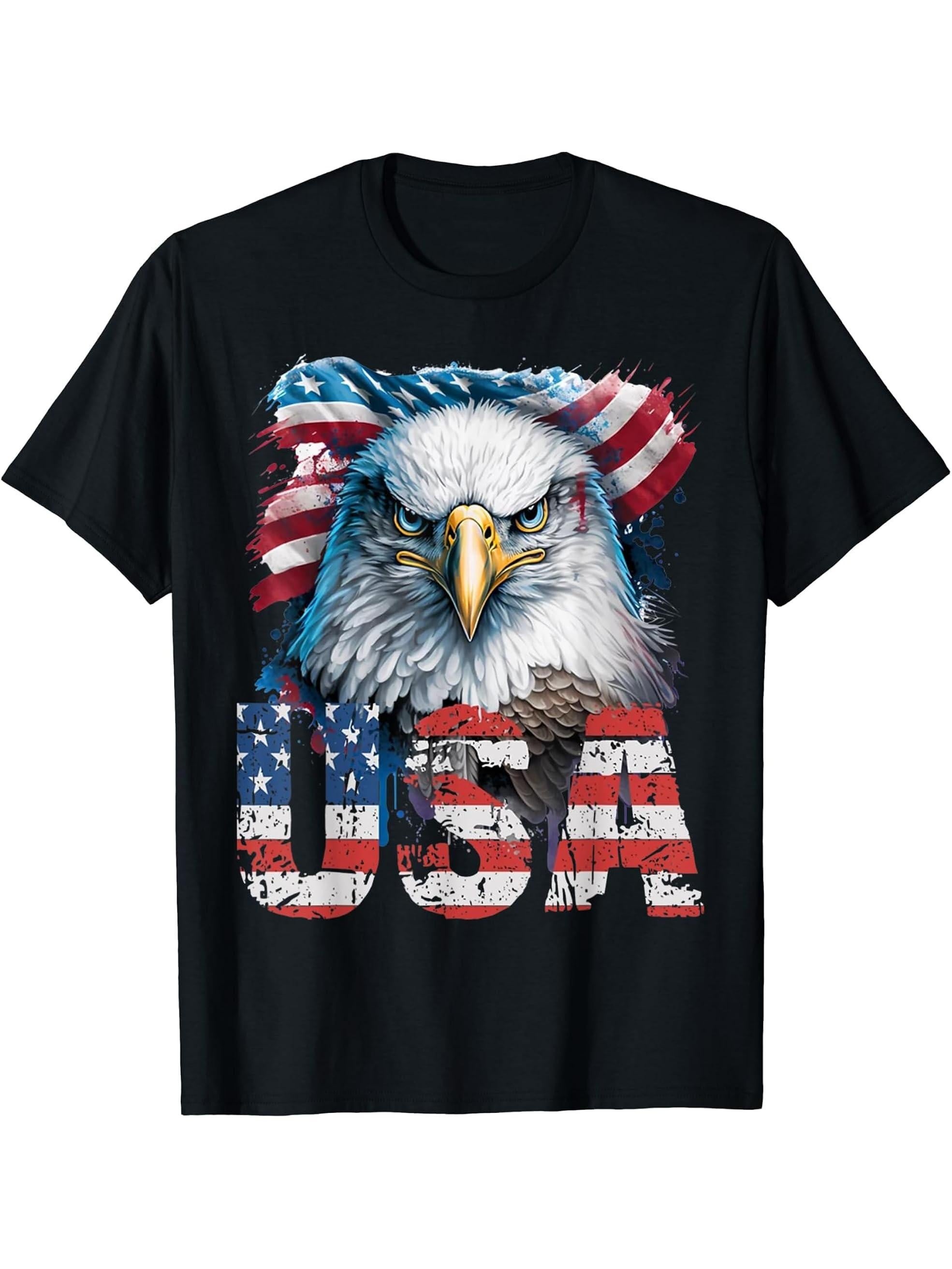 Bald Eagle USA Flag American Flag 4th of July T-Shirt 180G 100% Cotton Printed Round Neck Short-Sleeve T-Shirt, Gifts for Men Dad Husband Grandpa, S-XXXL, Black