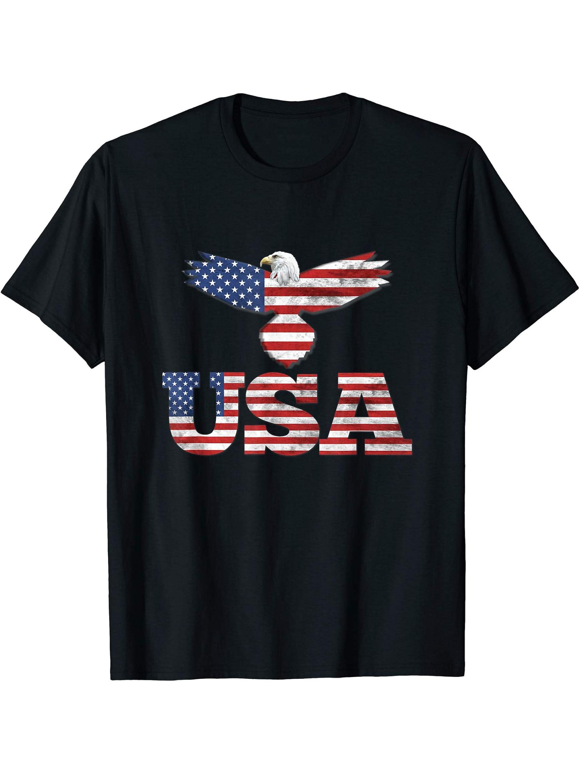 Bald Eagle USA Patriot Flag T-Shirt 180G 100% Cotton Printed Round Neck Short-Sleeve T-Shirt, Gifts for Men Dad Husband Grandpa, S-XXXL, Black