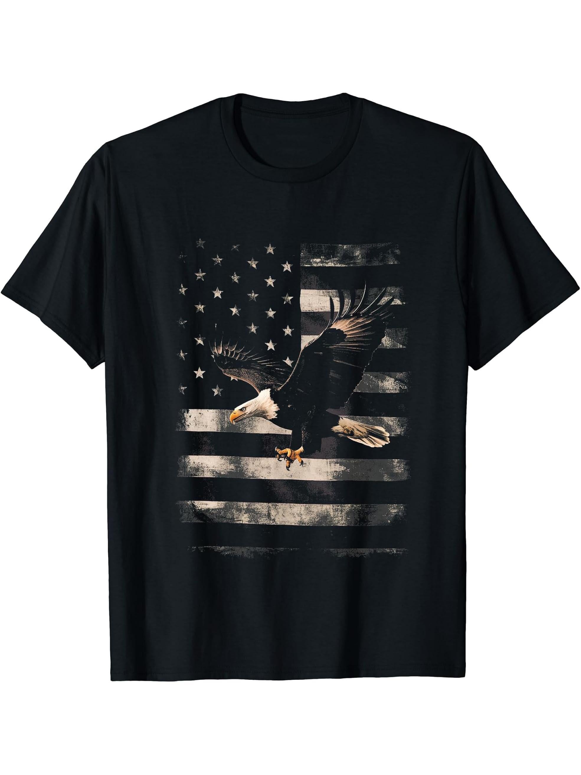 Bald Eagle 4th of July USA Flag Patriotic Distressed Gifts T-Shirt 180G 100% Cotton Printed Round Neck Short-Sleeve T-Shirt, Gifts for Men Dad Husband Grandpa, S-XXXL, Black