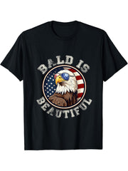 Bald is Beautiful 4th of July USA Patriotic Funny Bald Eagle T-Shirt 180G 100% Cotton Printed Round Neck Short-Sleeve T-Shirt, Gifts for Men Dad Husband Grandpa, S-XXXL, Black