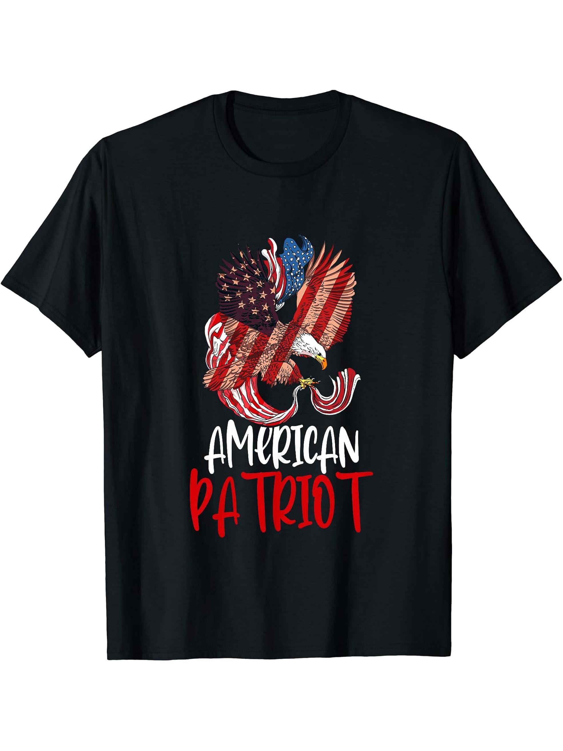 American Patriot Bald Eagle American Flag T-Shirt 180G 100% Cotton Printed Round Neck Short-Sleeve T-Shirt, Gifts for Men Dad Husband Grandpa, S-XXXL, Black
