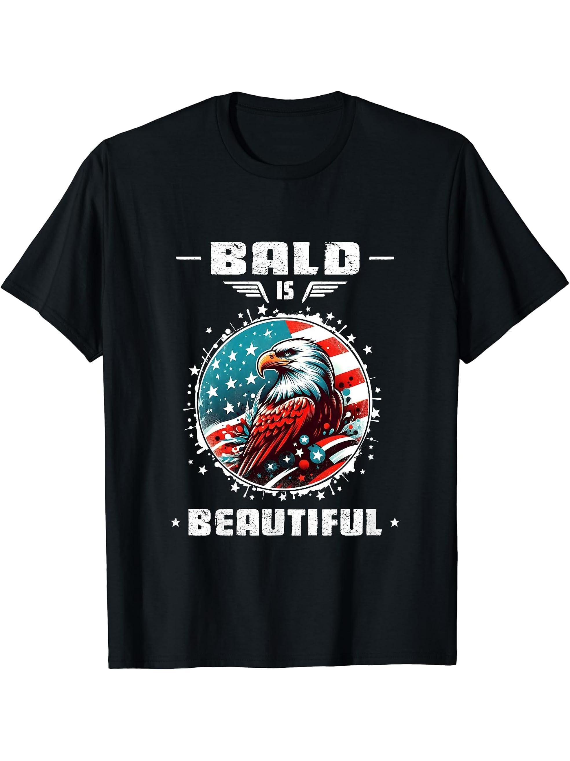 Bald Is Beautiful USA Flag Patriotic 4th of July Bald Eagle T-Shirt 180G 100% Cotton Printed Round Neck Short-Sleeve T-Shirt, Gifts for Men Dad Husband Grandpa, S-XXXL, Black
