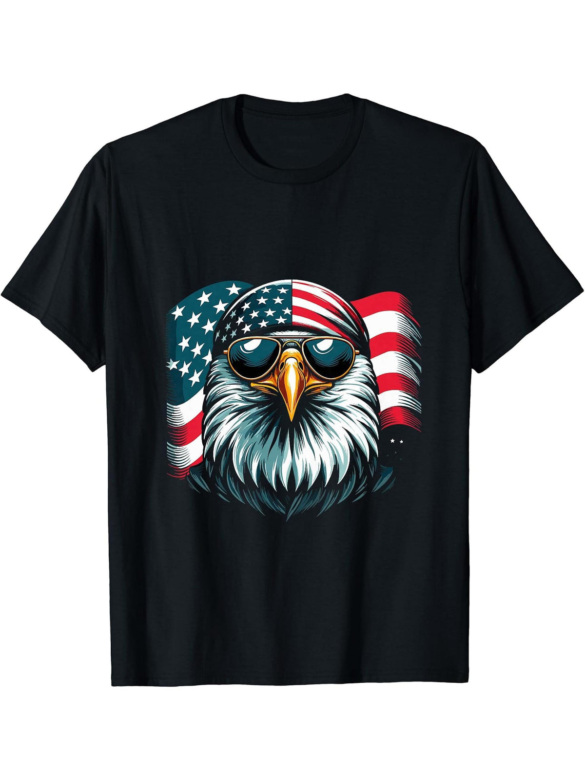 Bald Eagle Patriotic 4th Of July USA American Flag T-Shirt 180G 100% Cotton Printed Round Neck Short-Sleeve T-Shirt, Gifts for Men Dad Husband Grandpa, S-XXXL, Black