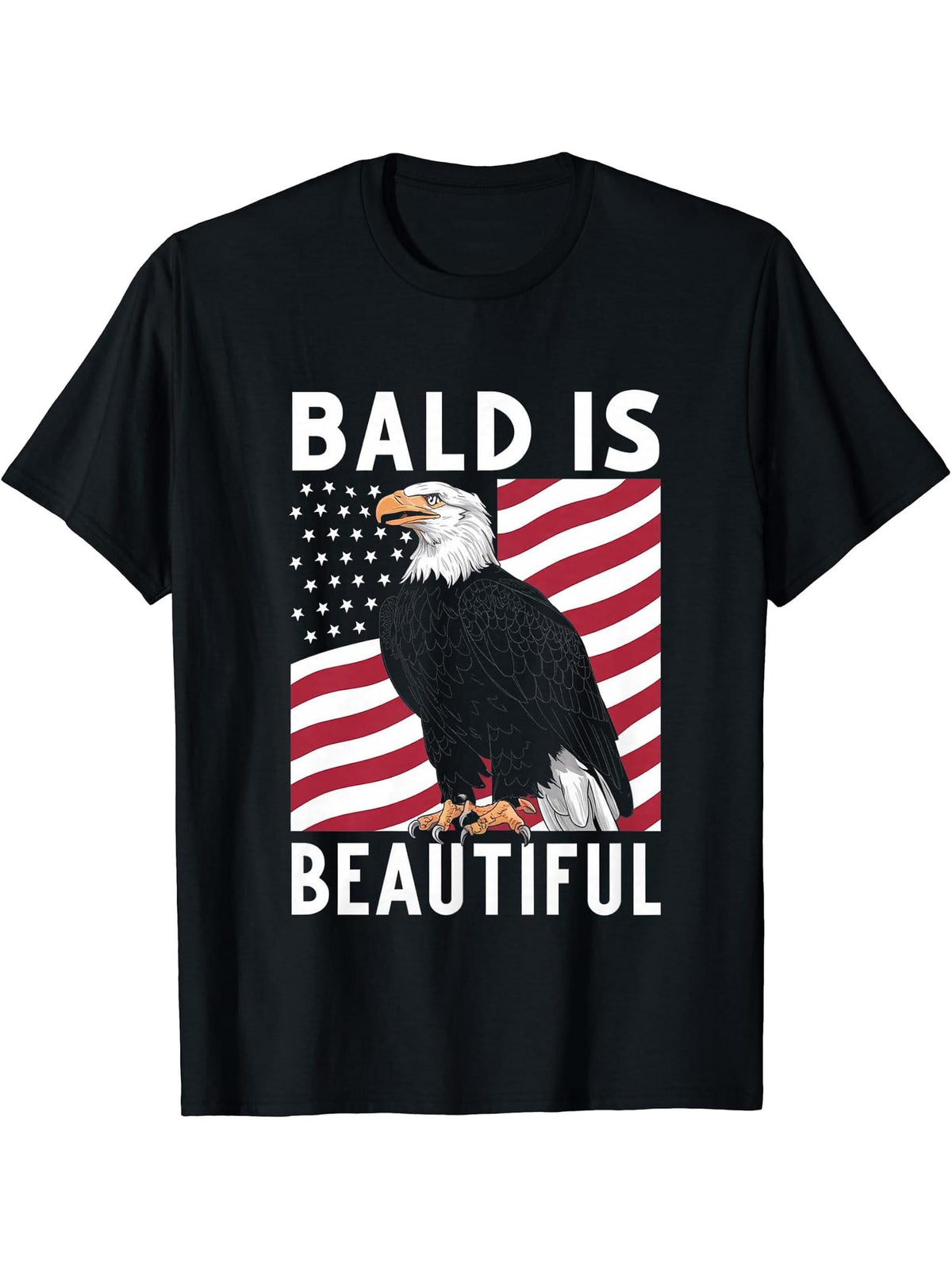 Bald Is Beautiful 4th of July Bald Eagle Patriotic Vintage T-Shirt 180G 100% Cotton Printed Round Neck Short-Sleeve T-Shirt, Gifts for Men Dad Husband Grandpa, S-XXXL, Black