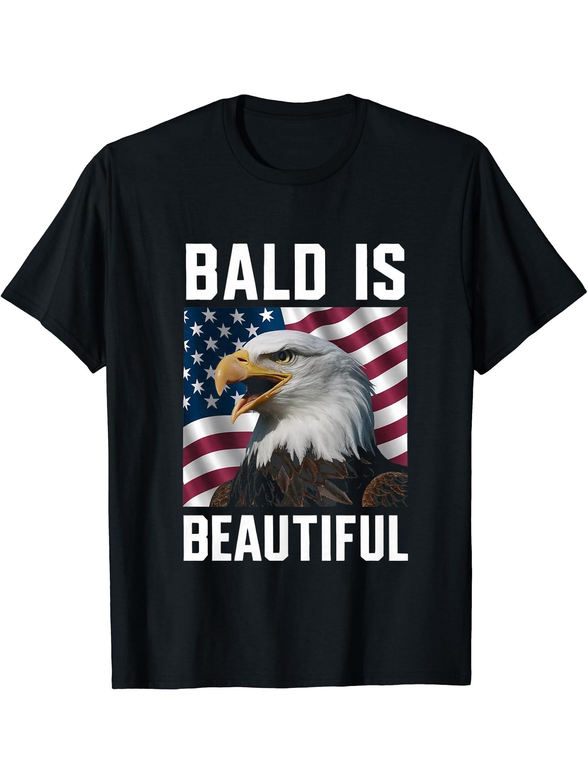 Bald Is Beautiful 4th of July Bald Eagle Patriotic Vintage T-Shirt 180G 100% Cotton Printed Round Neck Short-Sleeve T-Shirt, Gifts for Men Dad Husband Grandpa, S-XXXL, Black