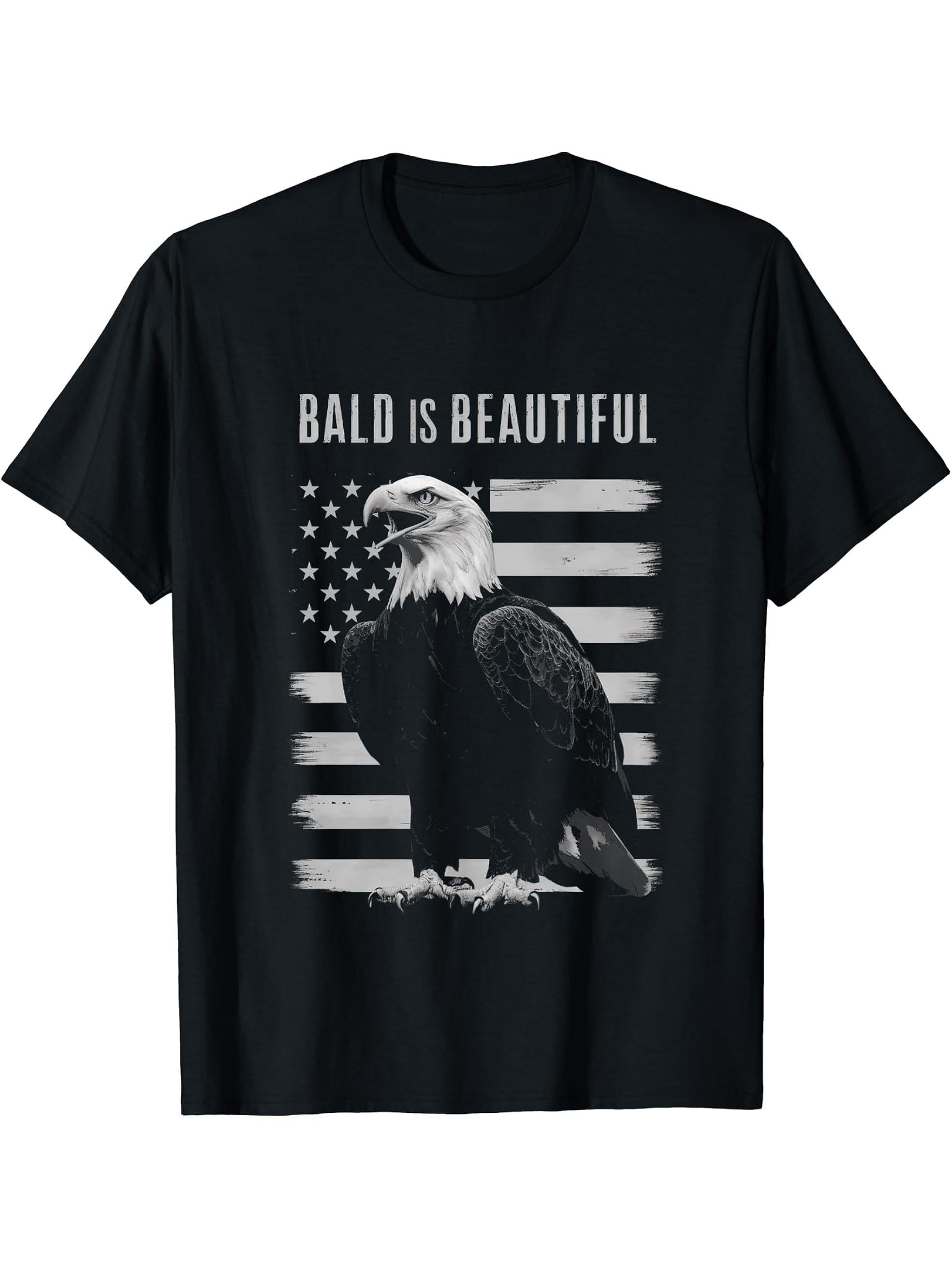Bald Is Beautiful 4th of July Bald Eagle Patriotic Vintage T-Shirt 180G 100% Cotton Printed Round Neck Short-Sleeve T-Shirt, Gifts for Men Dad Husband Grandpa, S-XXXL, Black