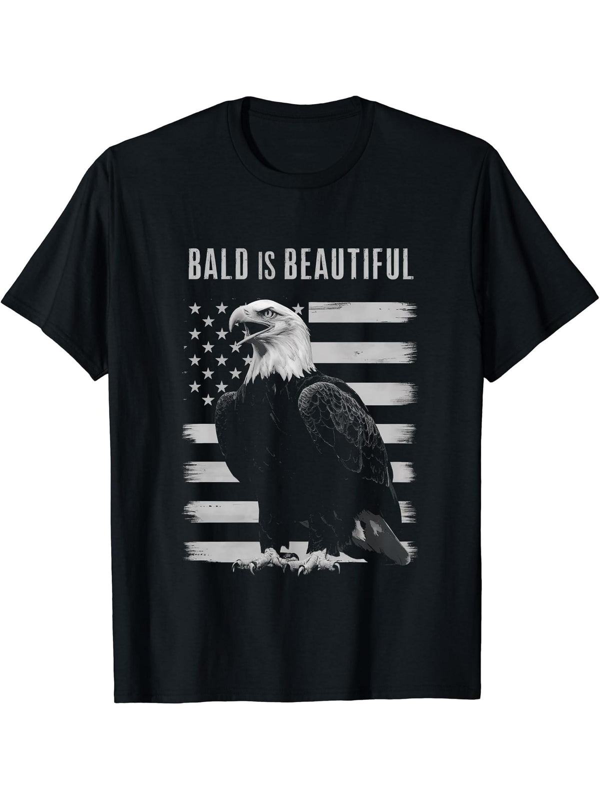 Bald Is Beautiful 4th of July Bald Eagle Patriotic Vintage T-Shirt 180G 100% Cotton Printed Round Neck Short-Sleeve T-Shirt, Gifts for Men Dad Husband Grandpa, S-XXXL, Black