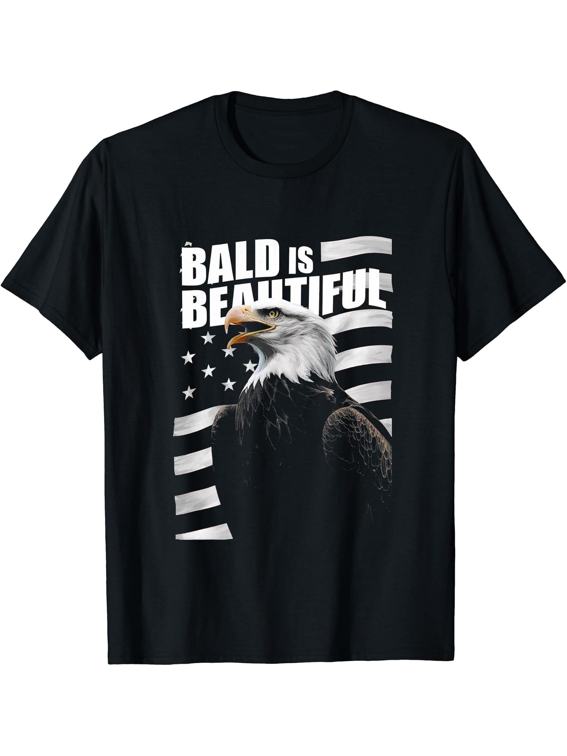 Bald Is Beautiful 4th of July Bald Eagle Patriotic Vintage T-Shirt 180G 100% Cotton Printed Round Neck Short-Sleeve T-Shirt, Gifts for Men Dad Husband Grandpa, S-XXXL, Black