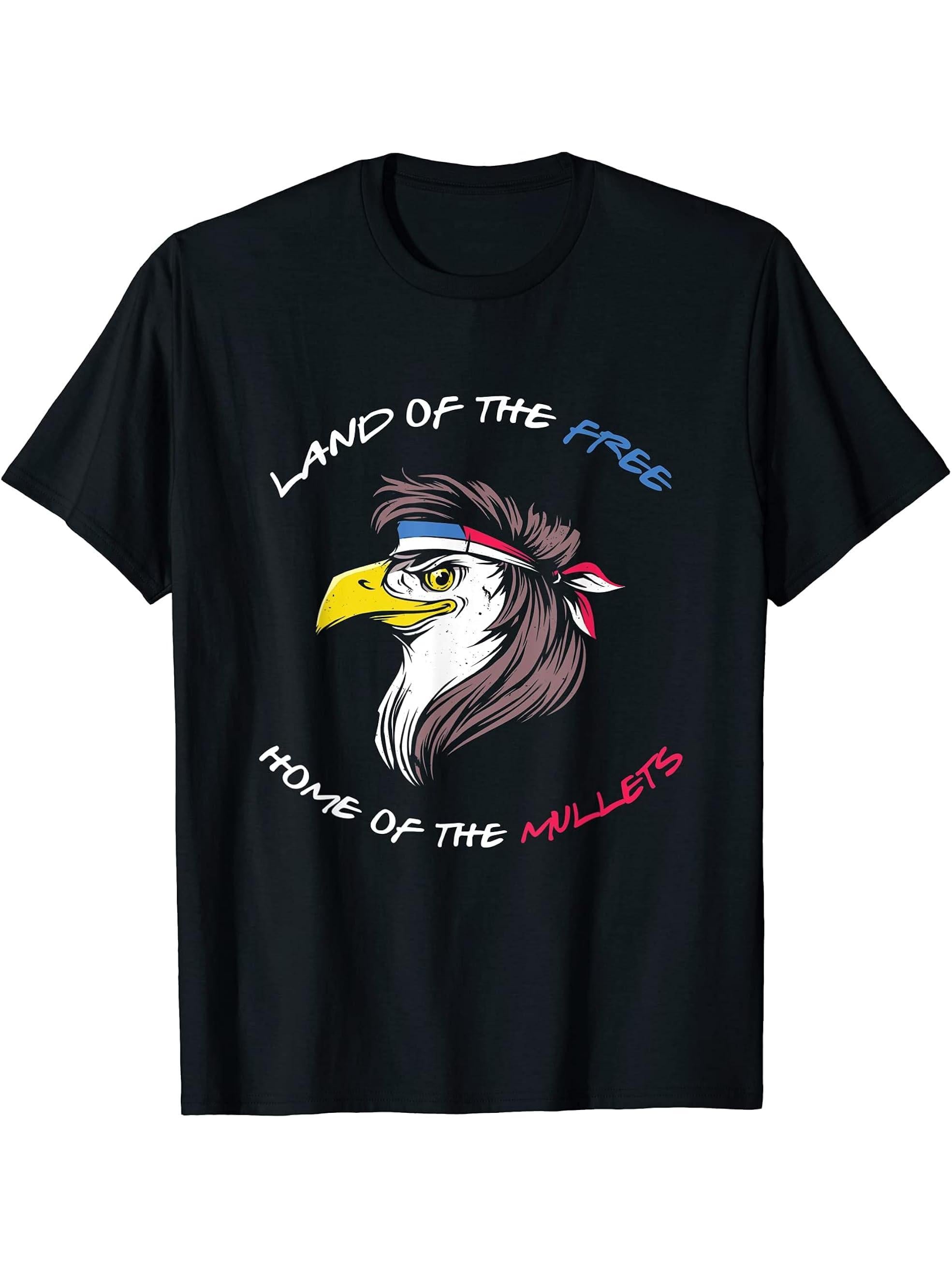 American Bald Eagle Land of The Free Home of The Mullet T-Shirt 180G 100% Cotton Printed Round Neck Short-Sleeve T-Shirt, Gifts for Men Dad Husband Grandpa, S-XXXL, Black