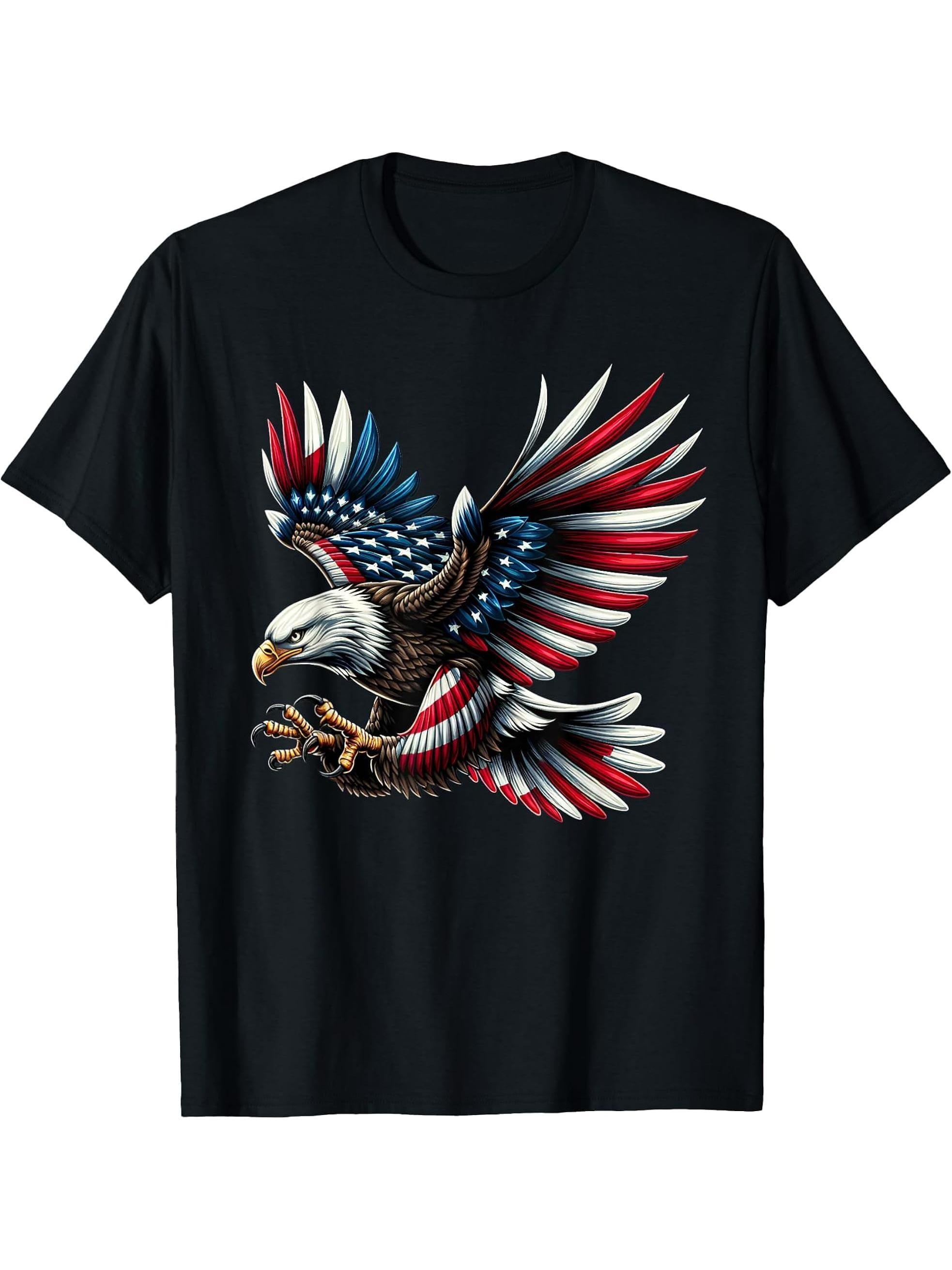 Cool USA Patriotic Bald Eagle American Flag for 4th of July T-Shirt 180G 100% Cotton Printed Round Neck Short-Sleeve T-Shirt, Gifts for Men Dad Husband Grandpa, S-XXXL, Black