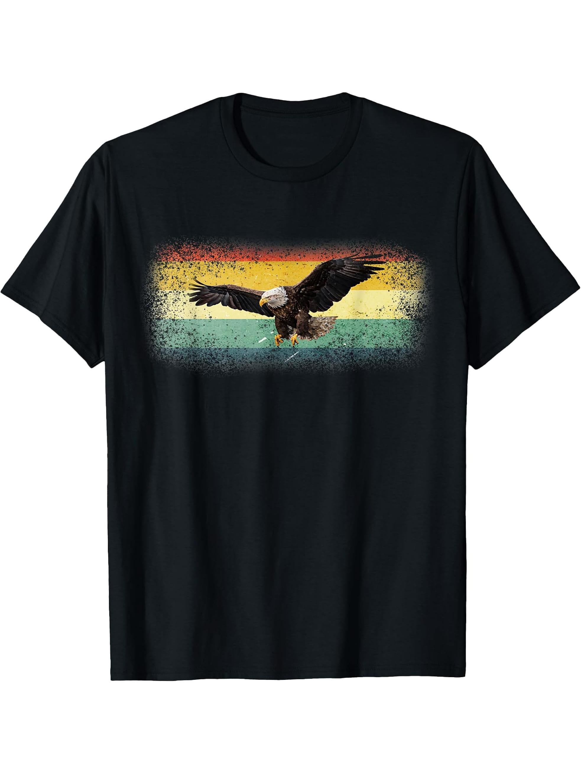 American Nature Bald Eagle Vintage Art Design T-Shirt 180G 100% Cotton Printed Round Neck Short-Sleeve T-Shirt, Gifts for Men Dad Husband Grandpa, S-XXXL, Black