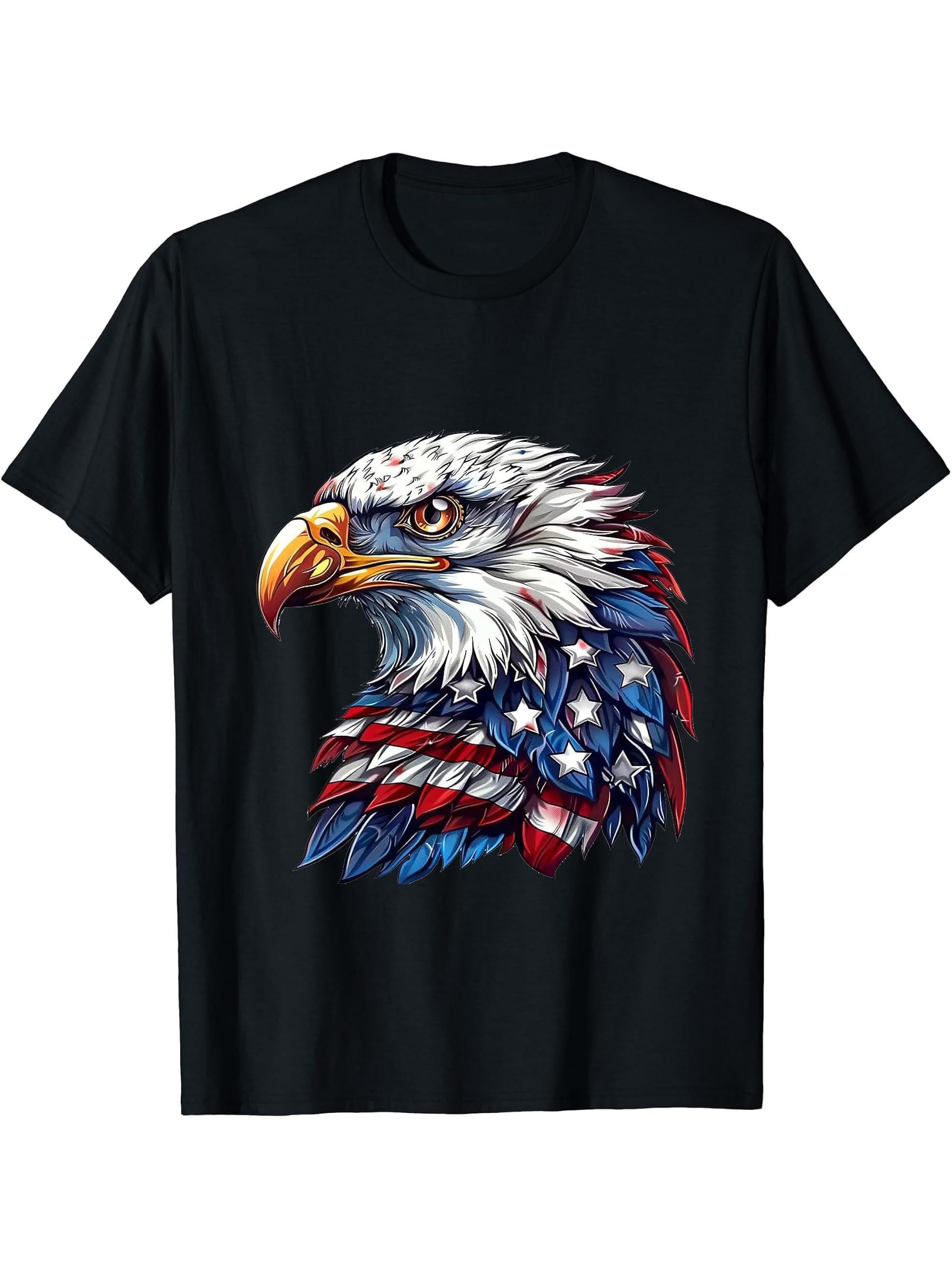 Bald Eagle US American Flag 4th Of July Proud Patriotic T-Shirt 180G 100% Cotton Printed Round Neck Short-Sleeve T-Shirt, Gifts for Men Dad Husband Grandpa, S-XXXL, Black