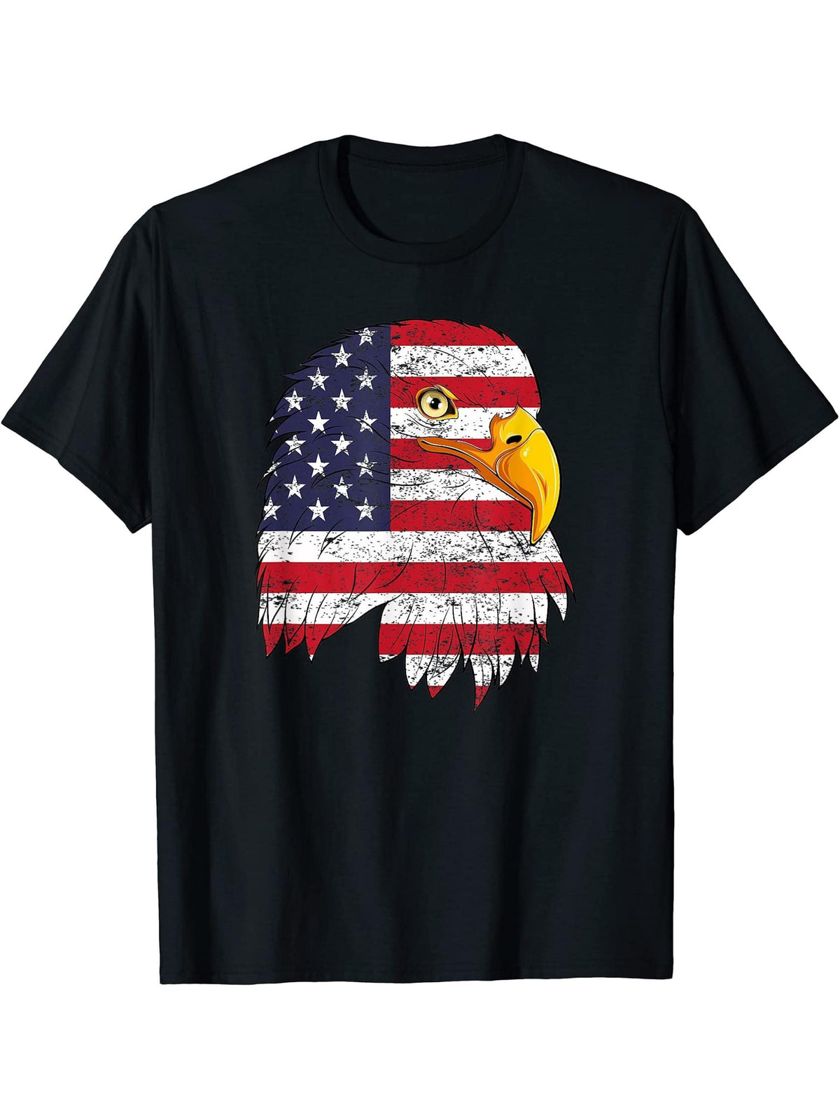 Happy 4th Of July USA Flag Bald Eagle Patriotic Eagle T-Shirt 180G 100% Cotton Printed Round Neck Short-Sleeve T-Shirt, Gifts for Men Dad Husband Grandpa, S-XXXL, Black