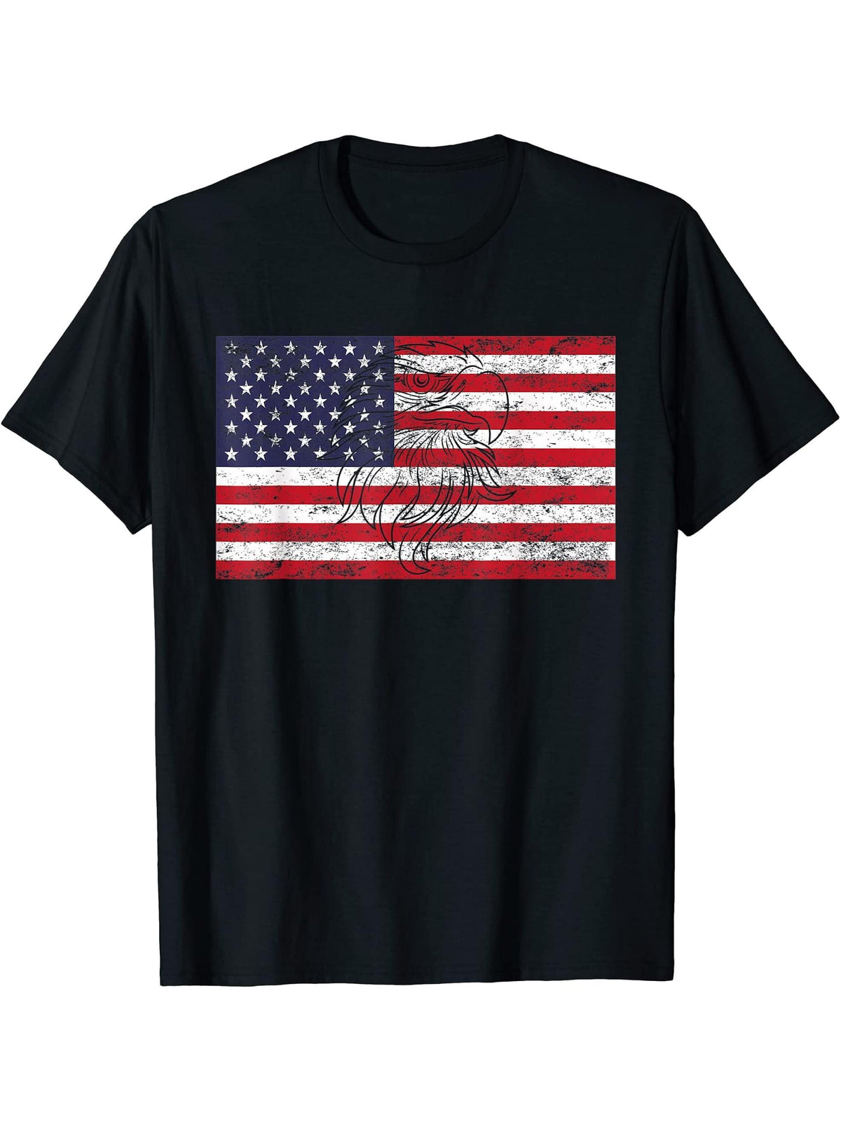 Happy 4th Of July USA Flag Bald Eagle Patriotic Eagle T-Shirt 180G 100% Cotton Printed Round Neck Short-Sleeve T-Shirt, Gifts for Men Dad Husband Grandpa, S-XXXL, Black