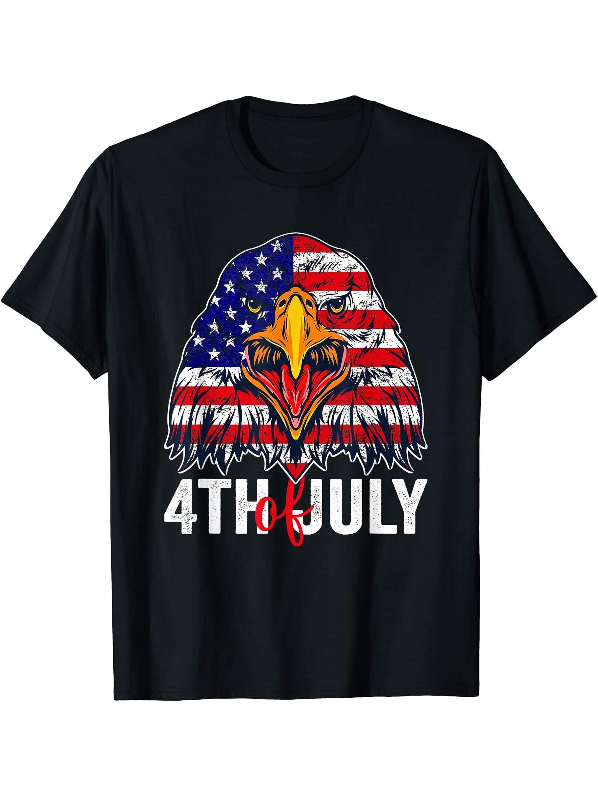 Happy 4th Of July USA Flag Bald Eagle Patriotic Eagle T-Shirt 180G 100% Cotton Printed Round Neck Short-Sleeve T-Shirt, Gifts for Men Dad Husband Grandpa, S-XXXL, Black