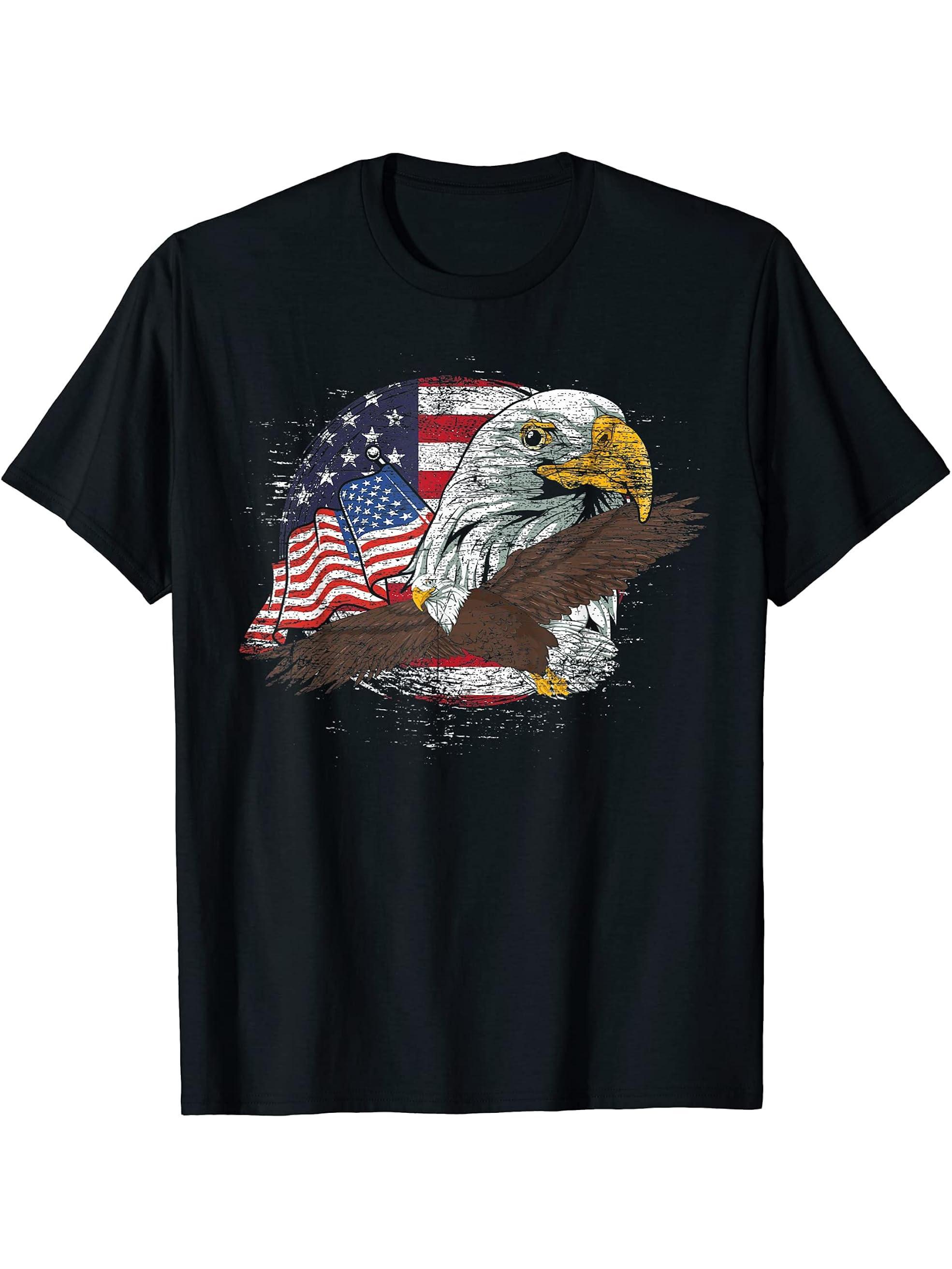 Freedom Patriotic American Bald Eagle US Flag Pride Eagle T-Shirt 180G 100% Cotton Printed Round Neck Short-Sleeve T-Shirt, Gifts for Men Dad Husband Grandpa, S-XXXL, Black