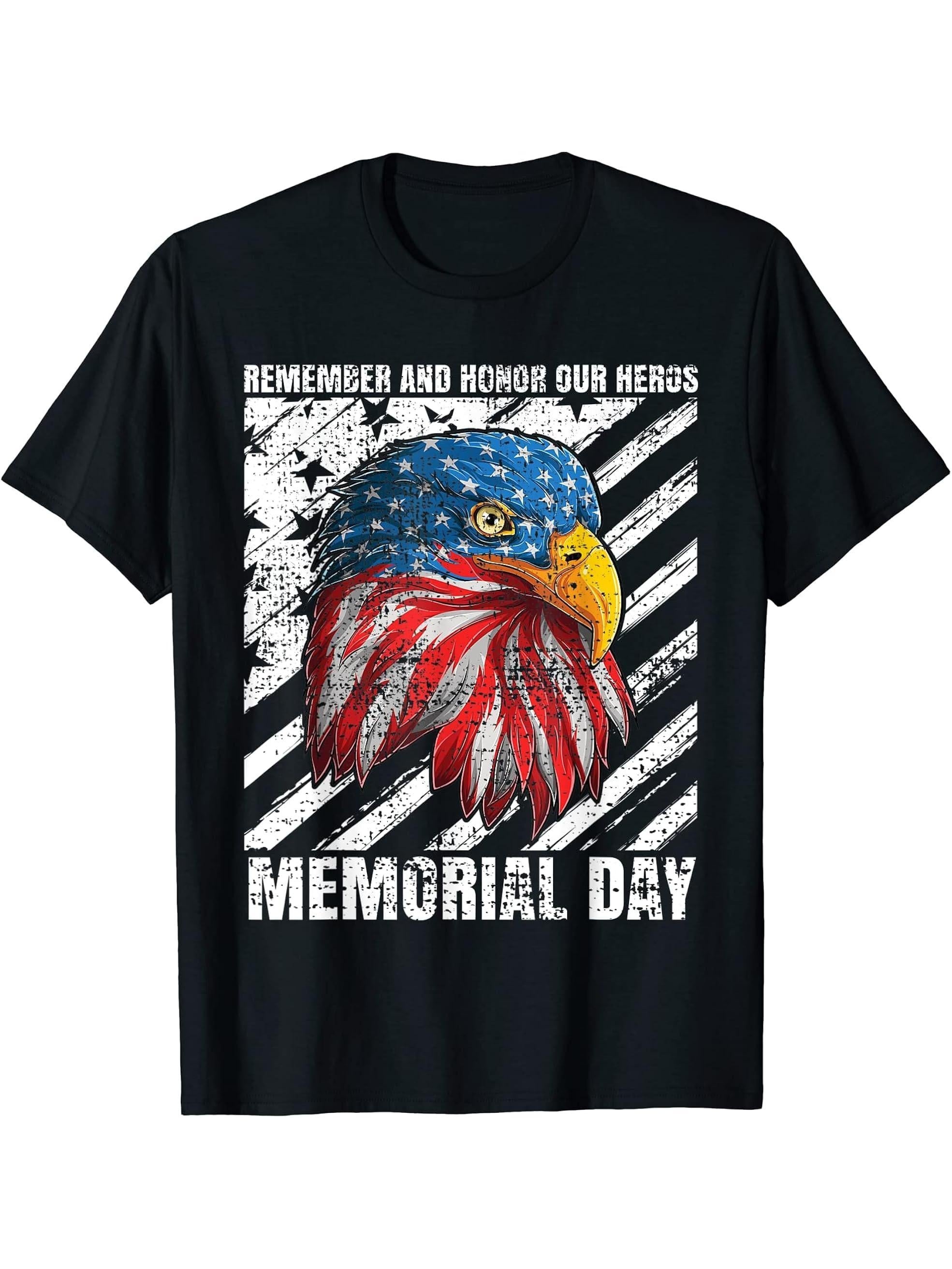 American Bald Eagle Memorial Day Honor Fallen Hero's T-Shirt 180G 100% Cotton Printed Round Neck Short-Sleeve T-Shirt, Gifts for Men Dad Husband Grandpa, S-XXXL, Black