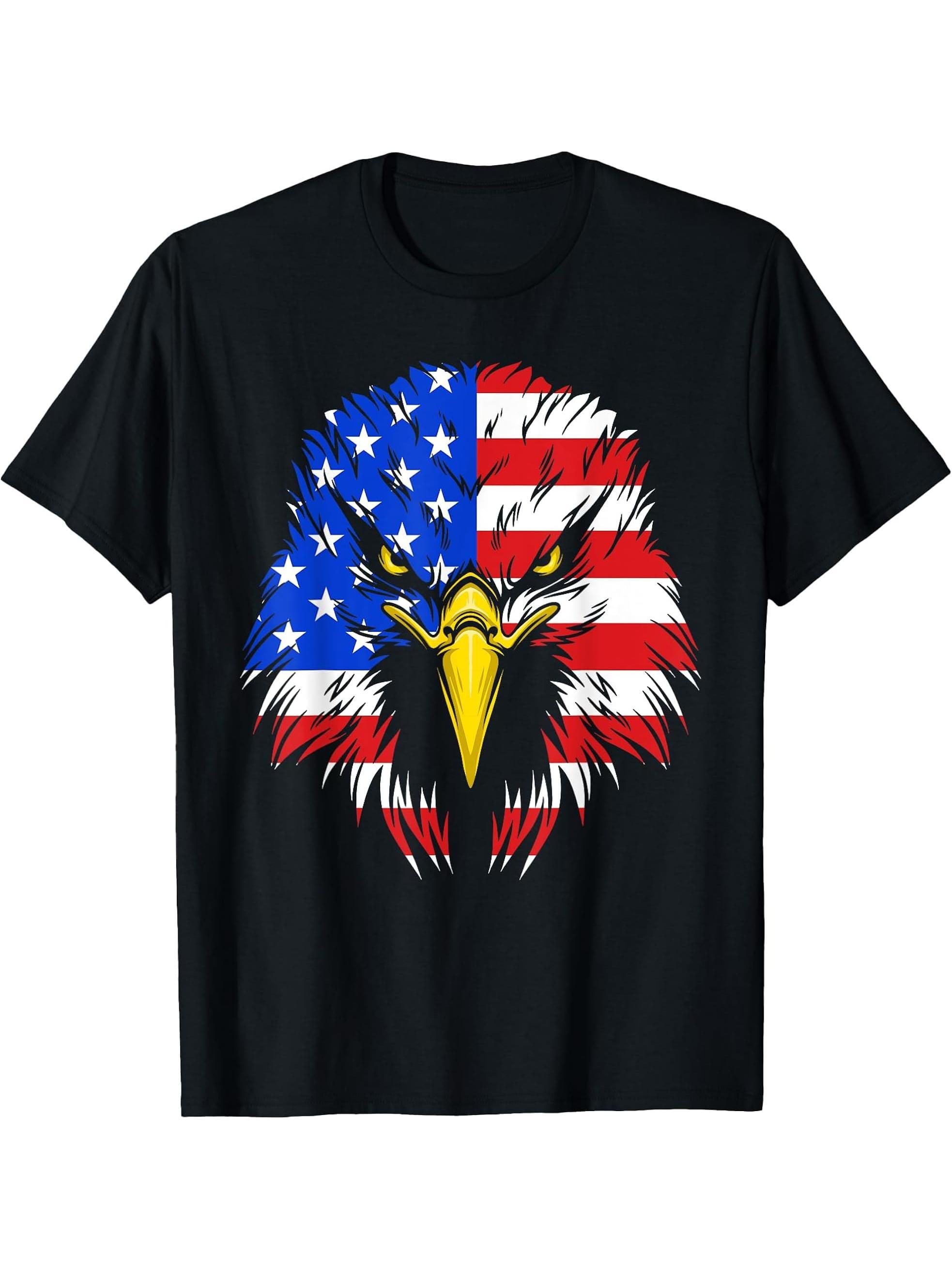 Bald Eagle 4th of July American Flag Patriotic Freedom USA T-Shirt 180G 100% Cotton Printed Round Neck Short-Sleeve T-Shirt, Gifts for Men Dad Husband Grandpa, S-XXXL, Black