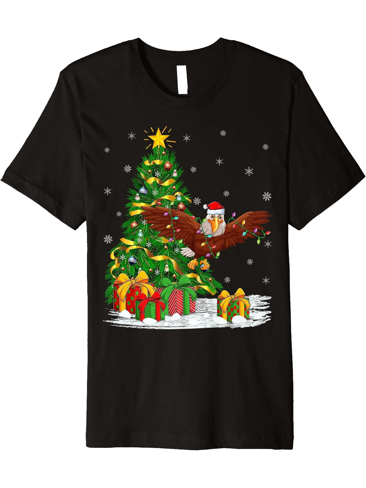 Eagle Bird Lover Family Matching Santa Bald Eagle Christmas Premium T-Shirt 180G 100% Cotton Printed Round Neck Short-Sleeve T-Shirt, Gifts for Men Dad Husband Grandpa, S-XXXL, Black