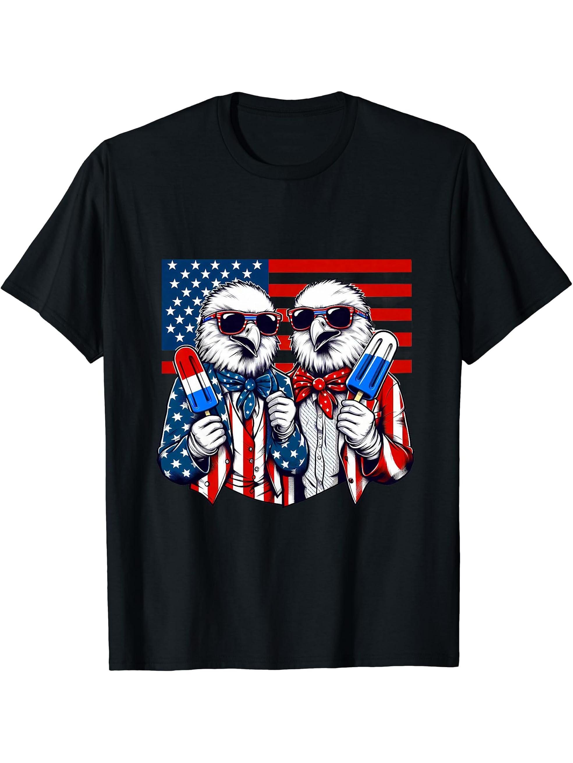 Bald Eagle, Popsicle Patriotic American Flag 4th Of July T-Shirt 180G 100% Cotton Printed Round Neck Short-Sleeve T-Shirt, Gifts for Men Dad Husband Grandpa, S-XXXL, Black