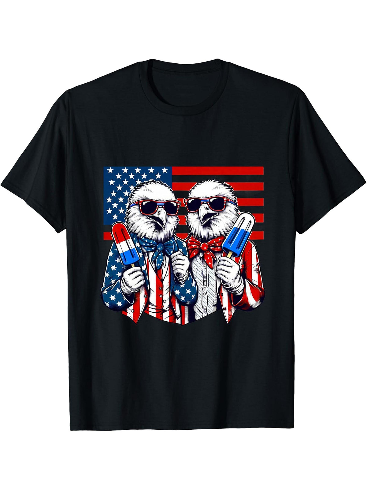 Bald Eagle, Popsicle Patriotic American Flag 4th Of July T-Shirt 180G 100% Cotton Printed Round Neck Short-Sleeve T-Shirt, Gifts for Men Dad Husband Grandpa, S-XXXL, Black