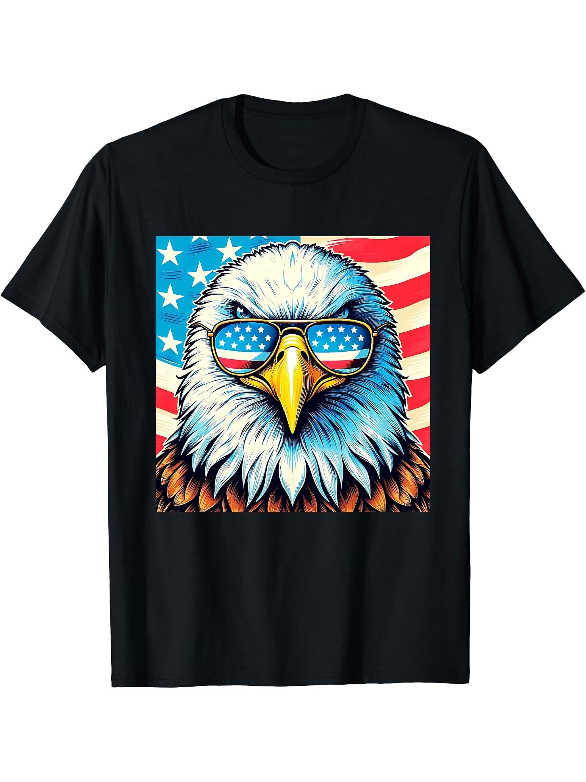 Bald Eagle Sunglasses American Flag 4th Of July Patriotic T-Shirt 180G 100% Cotton Printed Round Neck Short-Sleeve T-Shirt, Gifts for Men Dad Husband Grandpa, S-XXXL, Black