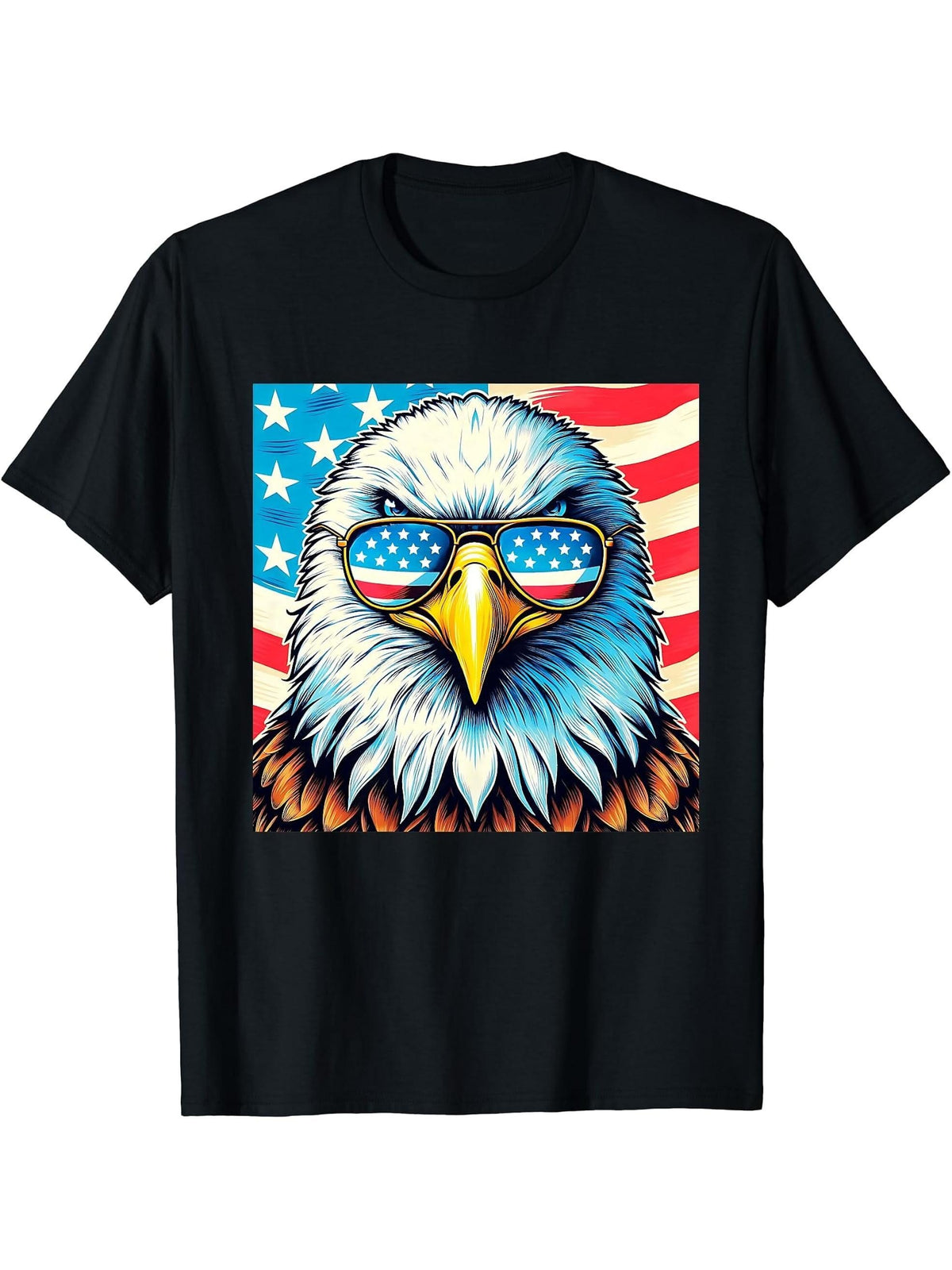 Bald Eagle Sunglasses American Flag 4th Of July Patriotic T-Shirt 180G 100% Cotton Printed Round Neck Short-Sleeve T-Shirt, Gifts for Men Dad Husband Grandpa, S-XXXL, Black