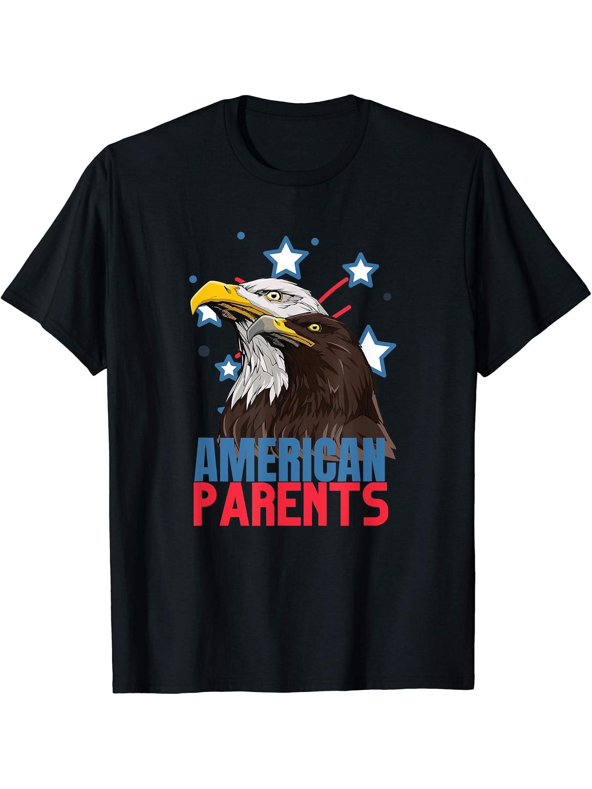American Parents Cool Bald Eagle Matching Mom And Dad T-Shirt 180G 100% Cotton Printed Round Neck Short-Sleeve T-Shirt, Gifts for Men Dad Husband Grandpa, S-XXXL, Black
