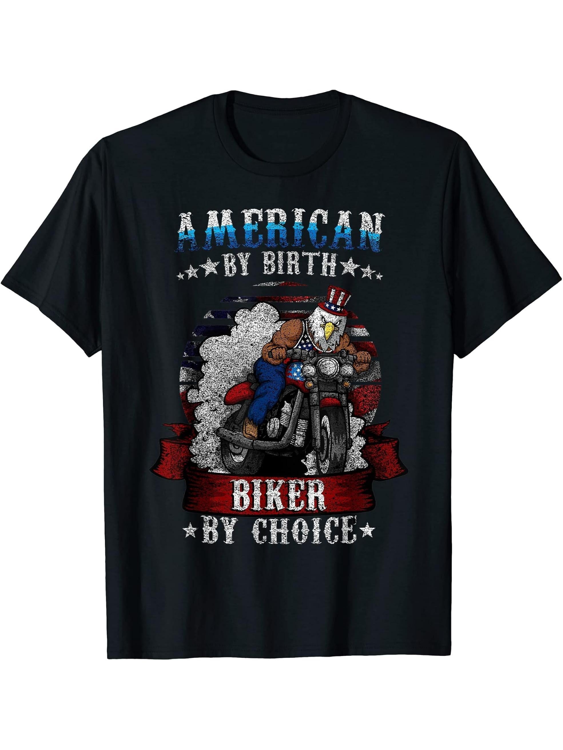 4th of July Bald Eagle Biker Motorcycle Uncle Sam Hat Gift T-Shirt 180G 100% Cotton Printed Round Neck Short-Sleeve T-Shirt, Gifts for Men Dad Husband Grandpa, S-XXXL, Black