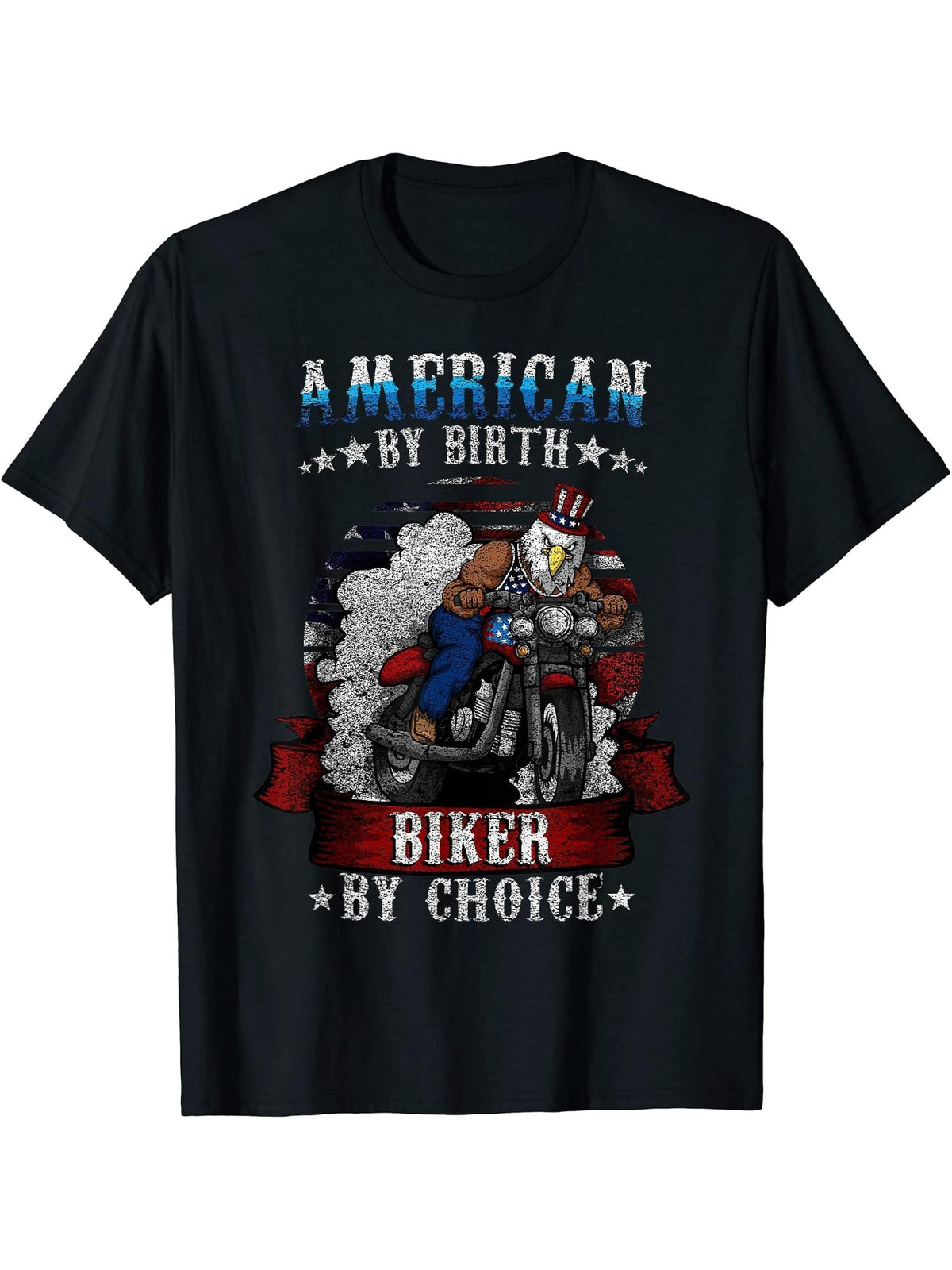 4th of July Bald Eagle Biker Motorcycle Uncle Sam Hat Gift T-Shirt 180G 100% Cotton Printed Round Neck Short-Sleeve T-Shirt, Gifts for Men Dad Husband Grandpa, S-XXXL, Black