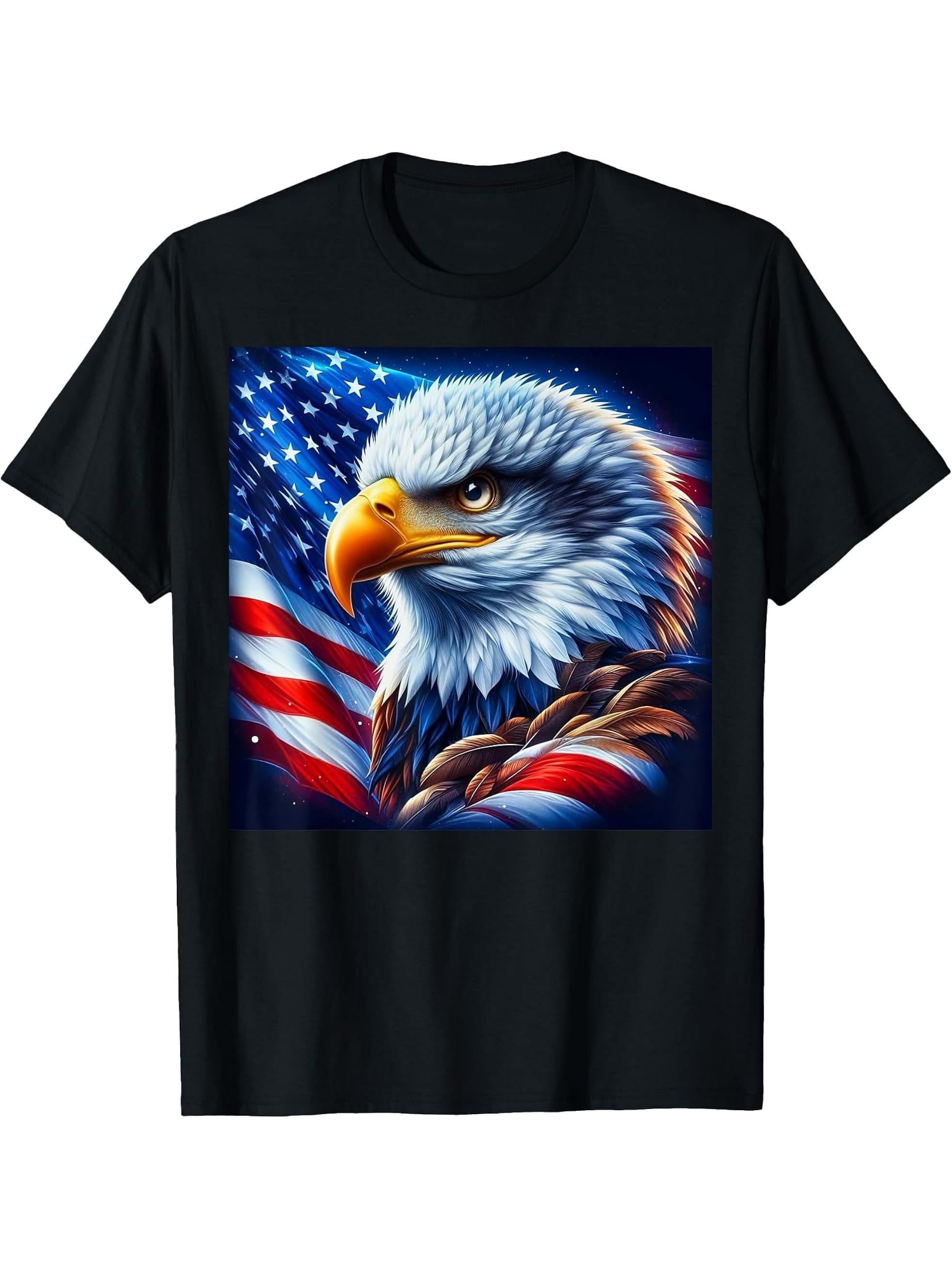 Freedom's Wings: Majestic Bald Eagle & American Flag Emblem T-Shirt 180G 100% Cotton Printed Round Neck Short-Sleeve T-Shirt, Gifts for Men Dad Husband Grandpa, S-XXXL, Black
