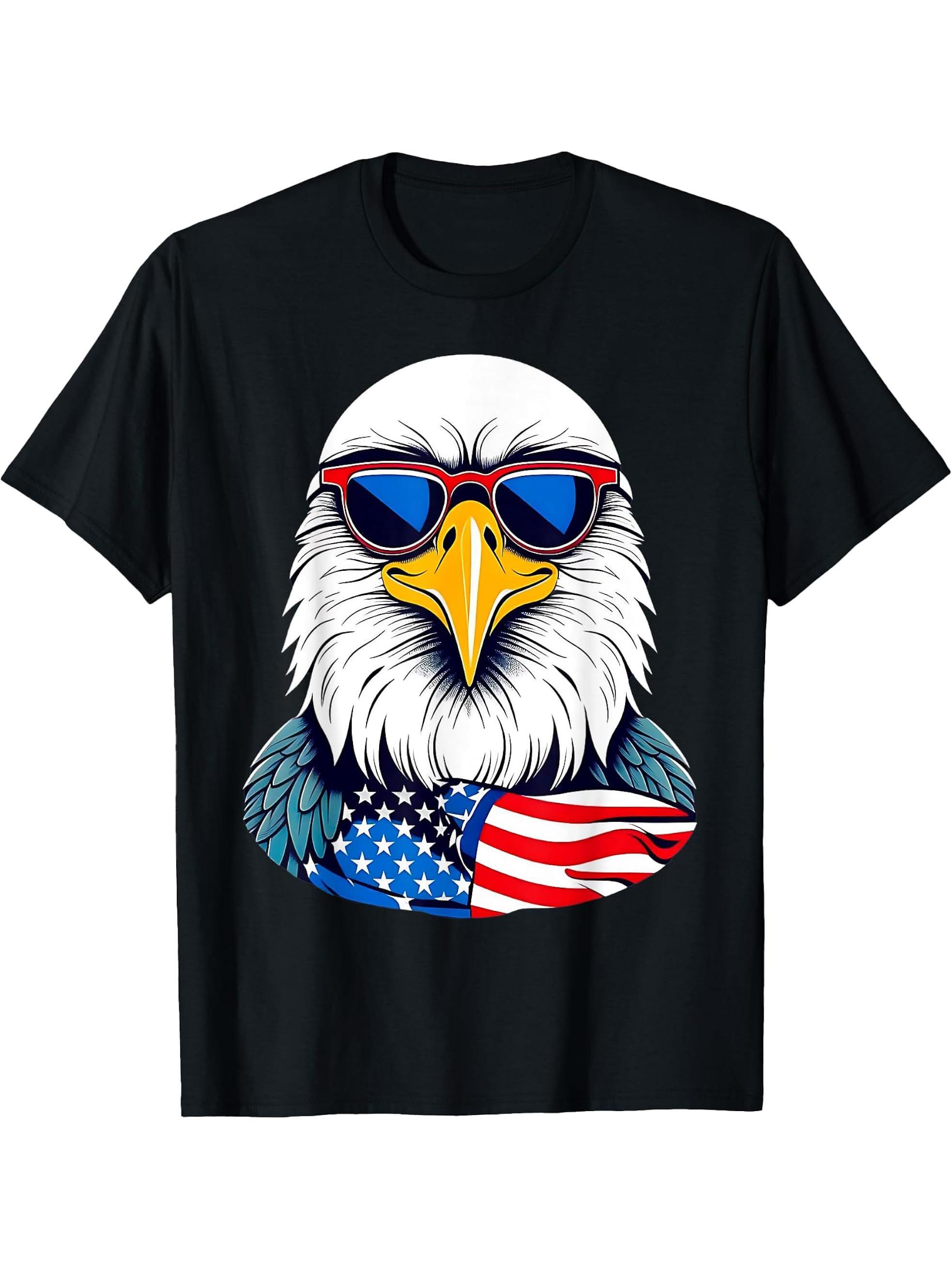 Bald Eagle Sunglasses American Flag 4th Of July Patriotic T-Shirt 180G 100% Cotton Printed Round Neck Short-Sleeve T-Shirt, Gifts for Men Dad Husband Grandpa, S-XXXL, Black