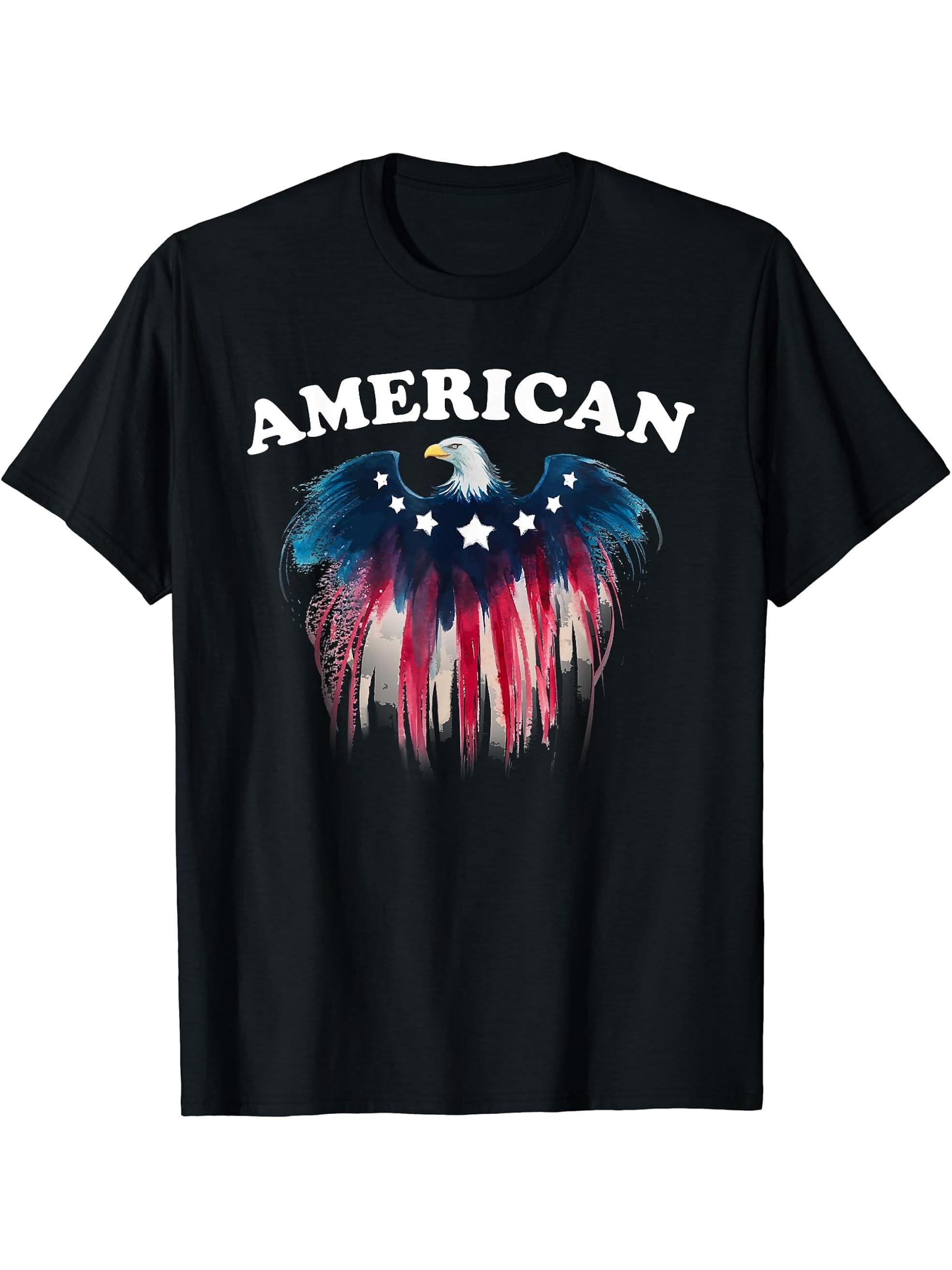 American Bald Eagle Flag T-Shirt 180G 100% Cotton Printed Round Neck Short-Sleeve T-Shirt, Gifts for Men Dad Husband Grandpa, S-XXXL, Black