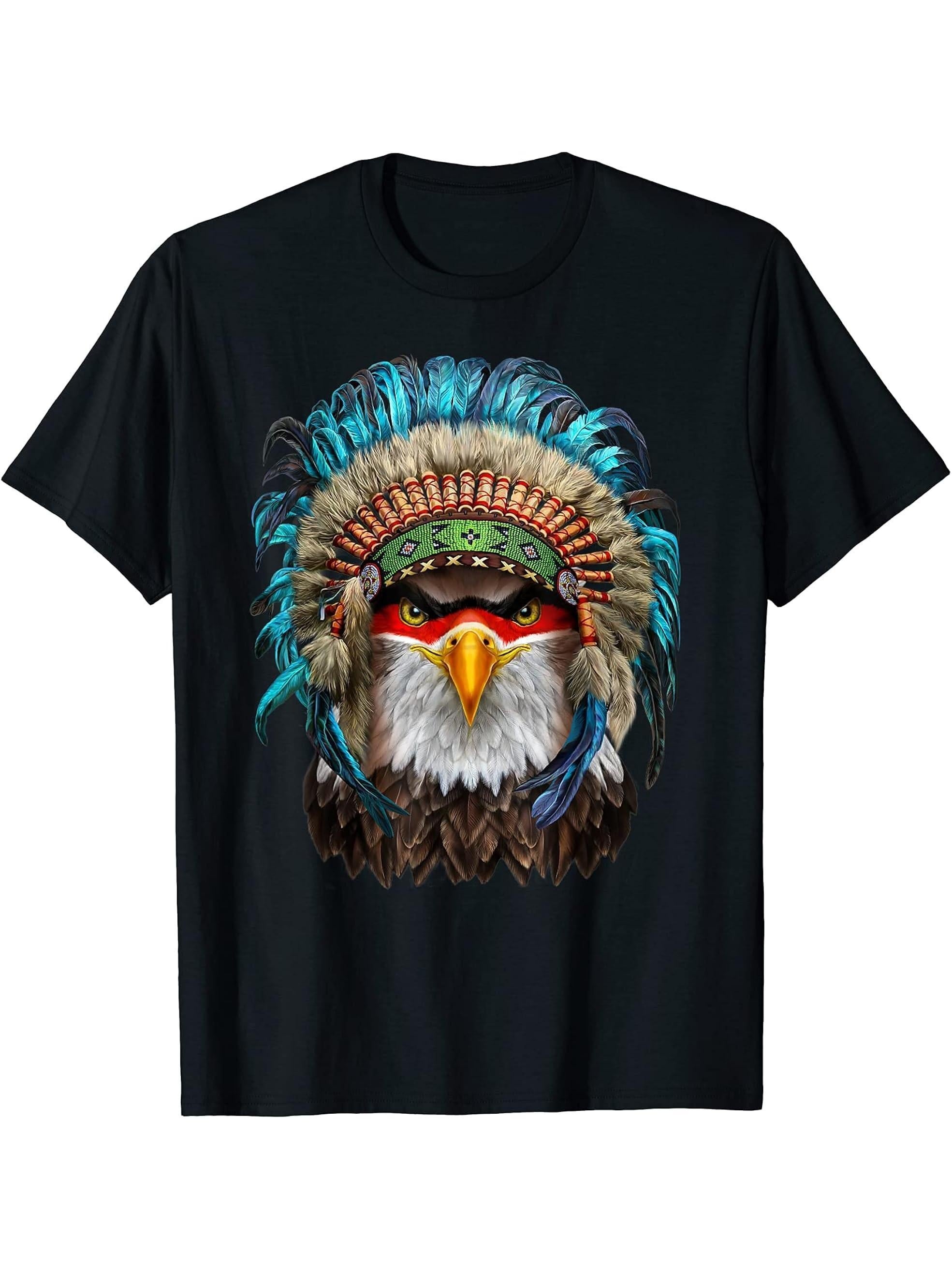 Bald Eagle in Native Indian Headdress - T-Shirt 180G 100% Cotton Printed Round Neck Short-Sleeve T-Shirt, Gifts for Men Dad Husband Grandpa, S-XXXL, Black