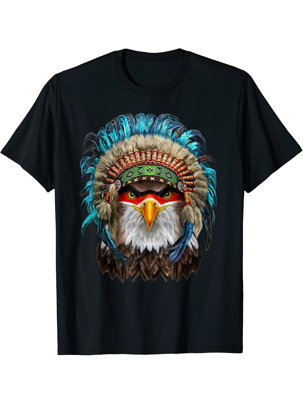 Bald Eagle in Native Indian Headdress - T-Shirt 180G 100% Cotton Printed Round Neck Short-Sleeve T-Shirt, Gifts for Men Dad Husband Grandpa, S-XXXL, Black